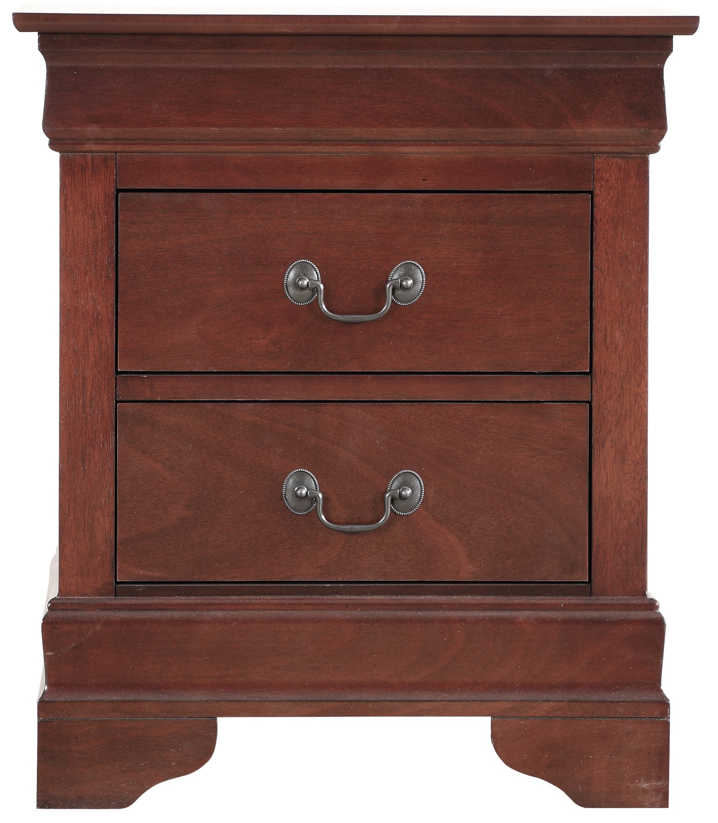 Dark mahogany wood twodrawer nightstand with antique metal pulls