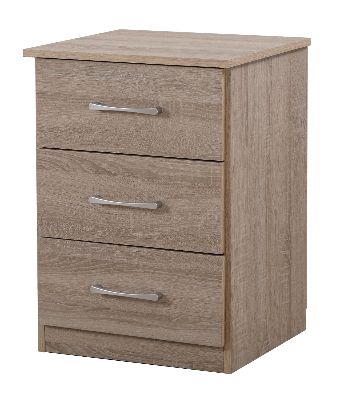 Oak effect bedside table with three drawers and silver handles perfect for bedrooms
