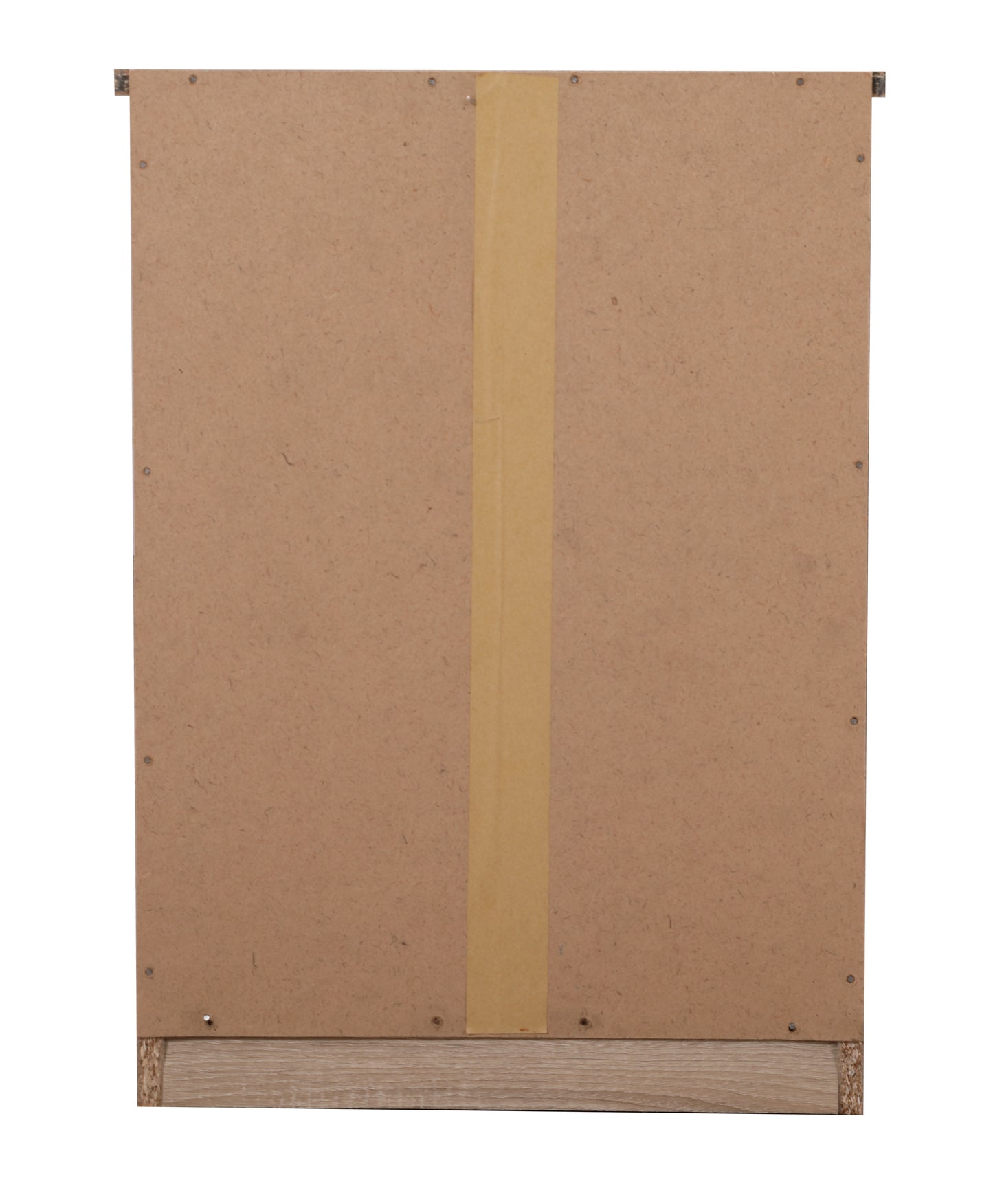Back of beige laminate particleboard cabinet with taped seam