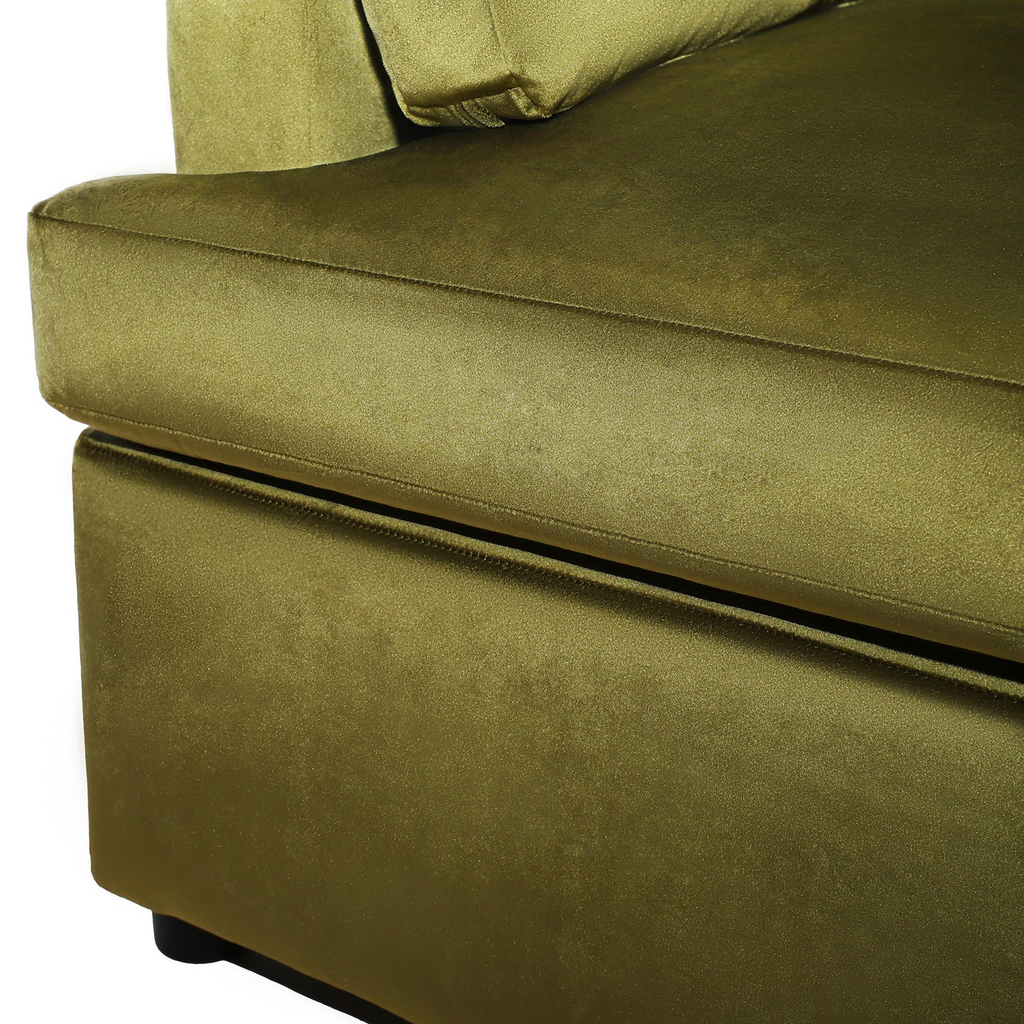 Closeup of plush olive green velvet sofa fabric with subtle shimmer