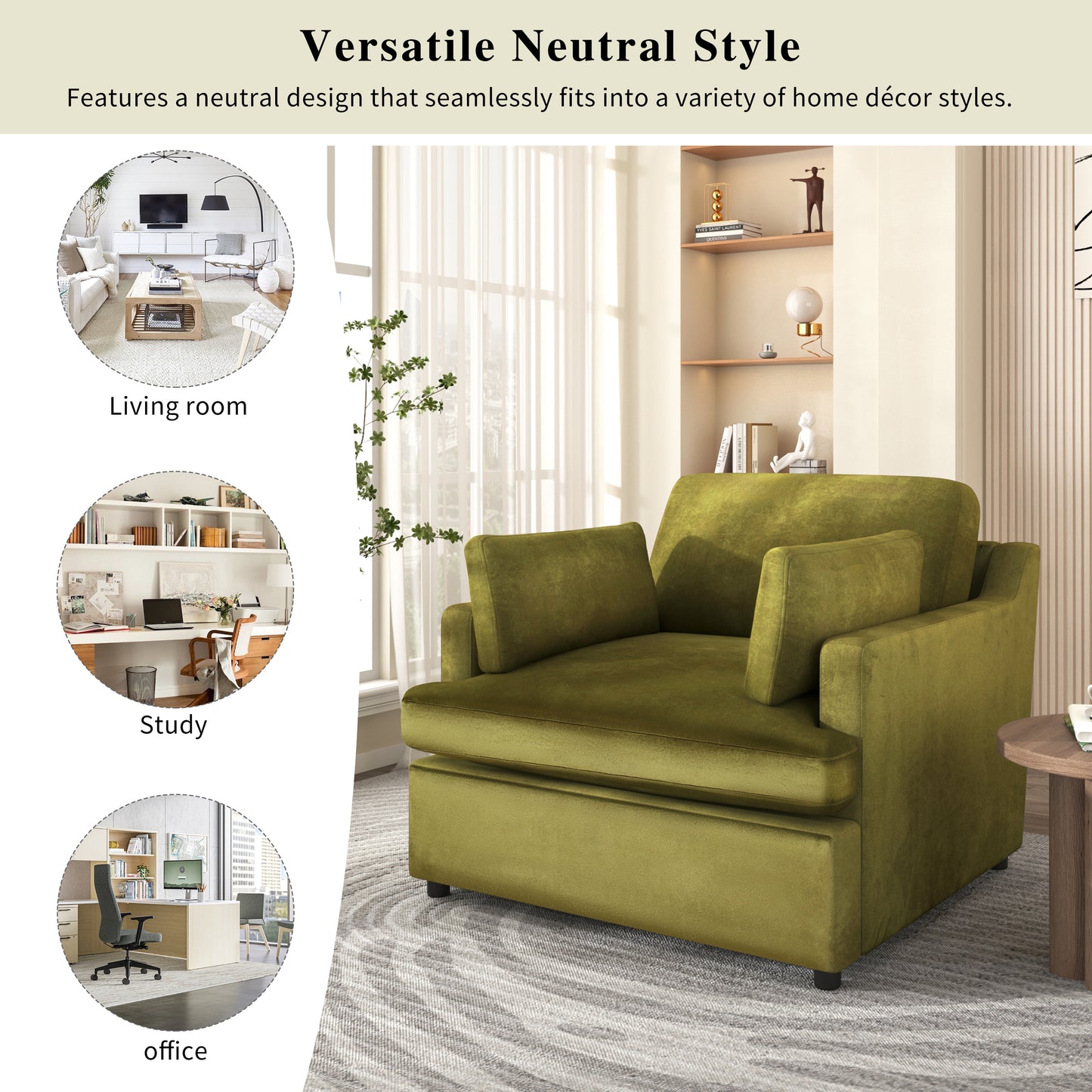 Plush olive green velvet armchair with deep seats and plush cushions perfect for a modern living room