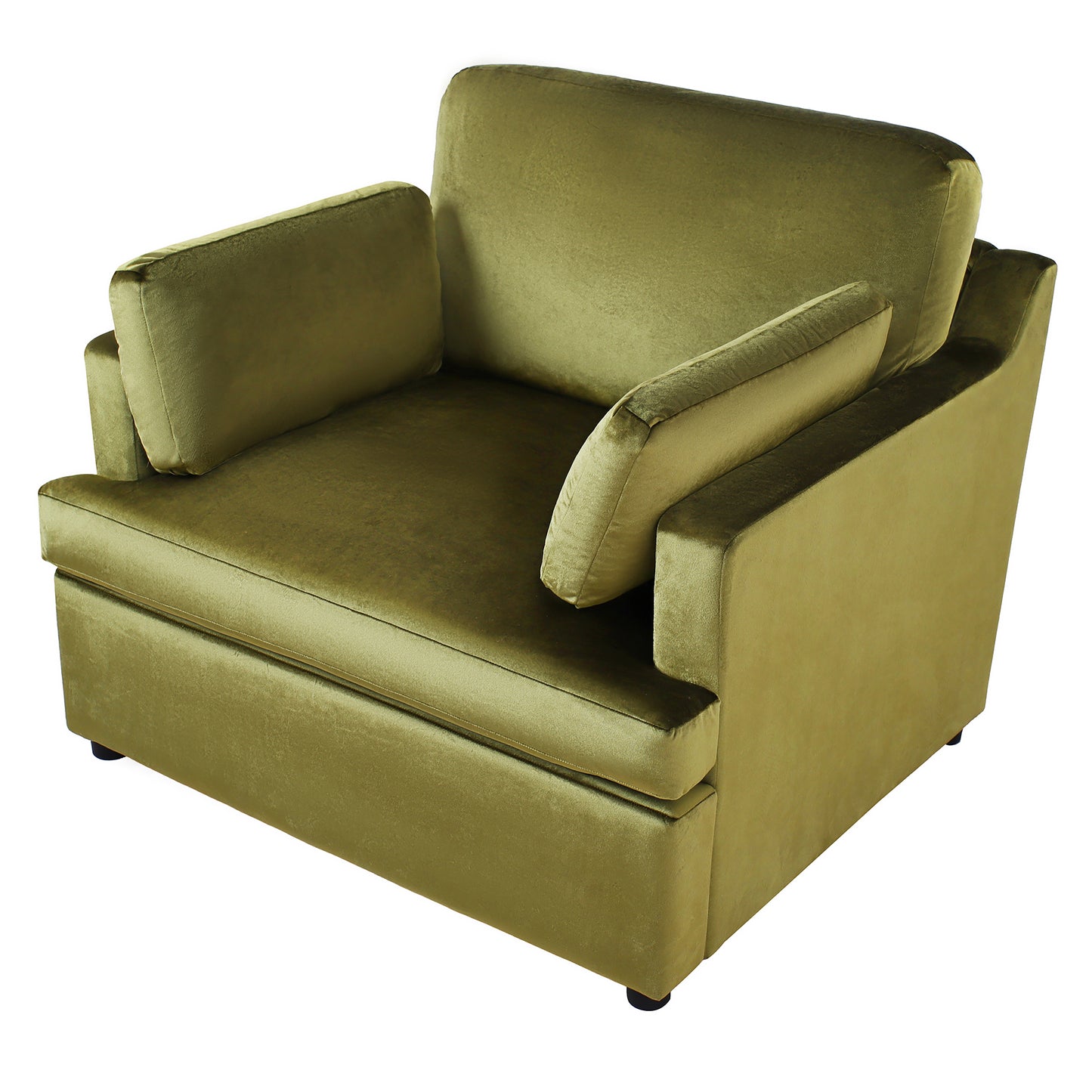 Plush olive green velvet armchair with deep seat and comfortable lumbar pillows