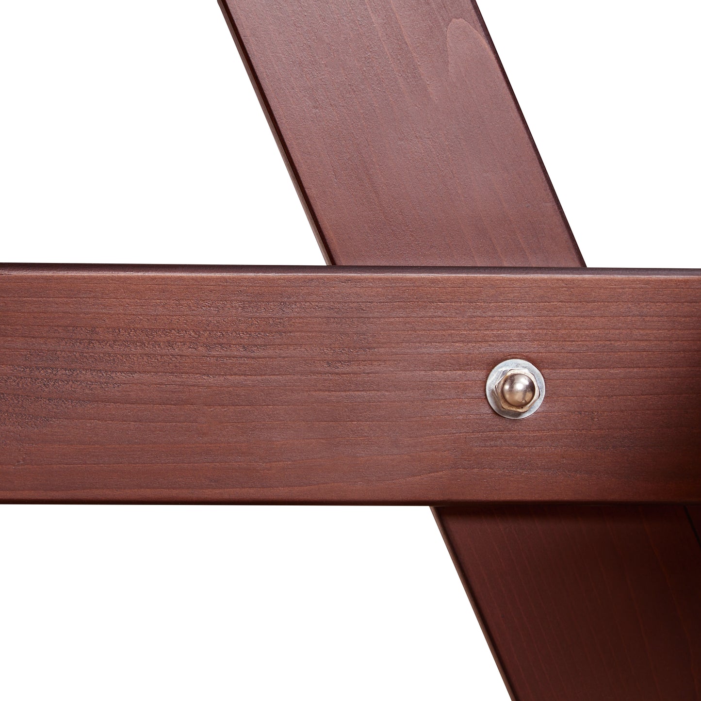 Dark brown wooden beam joined with a metal bolt for furniture construction