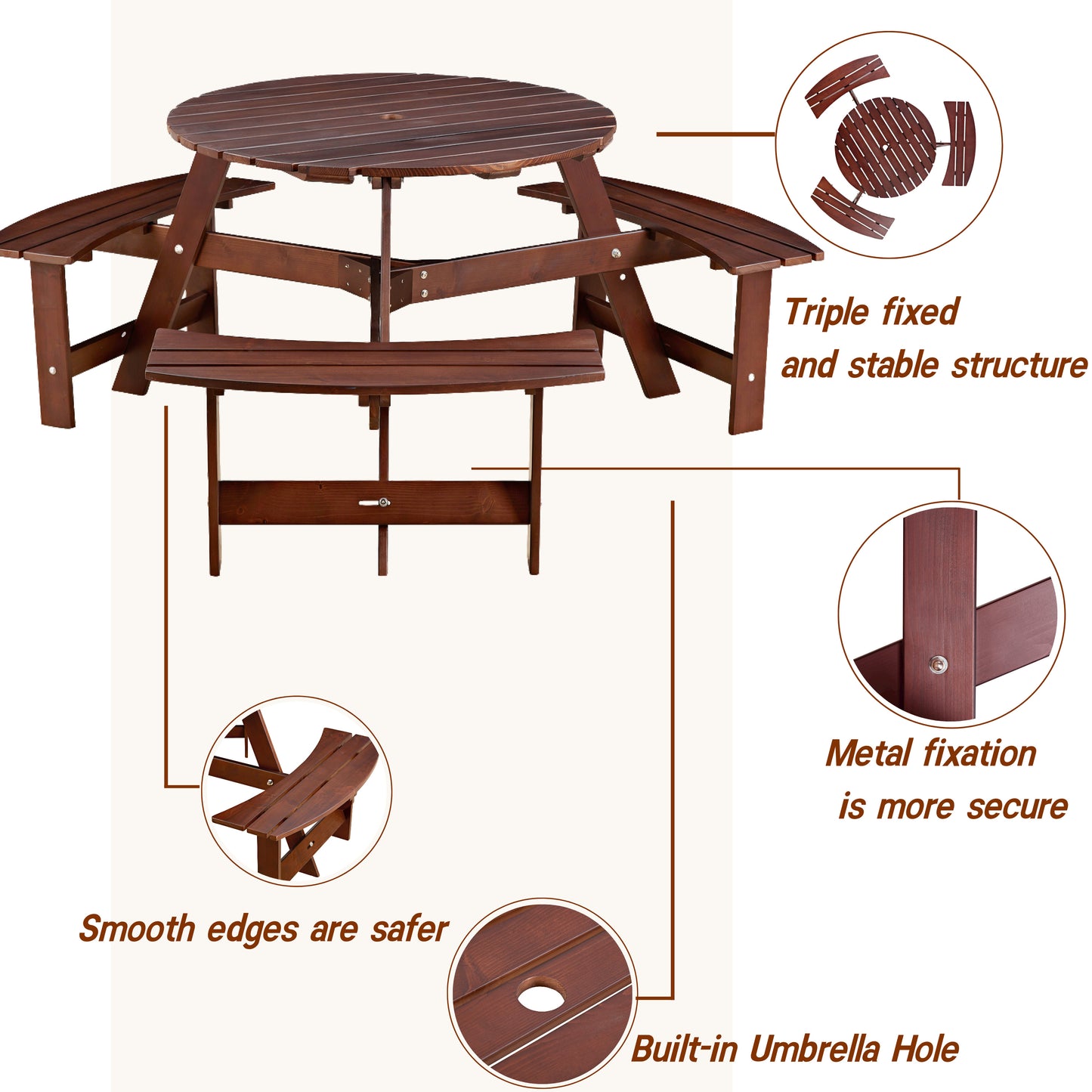 Dark brown wooden picnic table with attached benches builtin umbrella hole