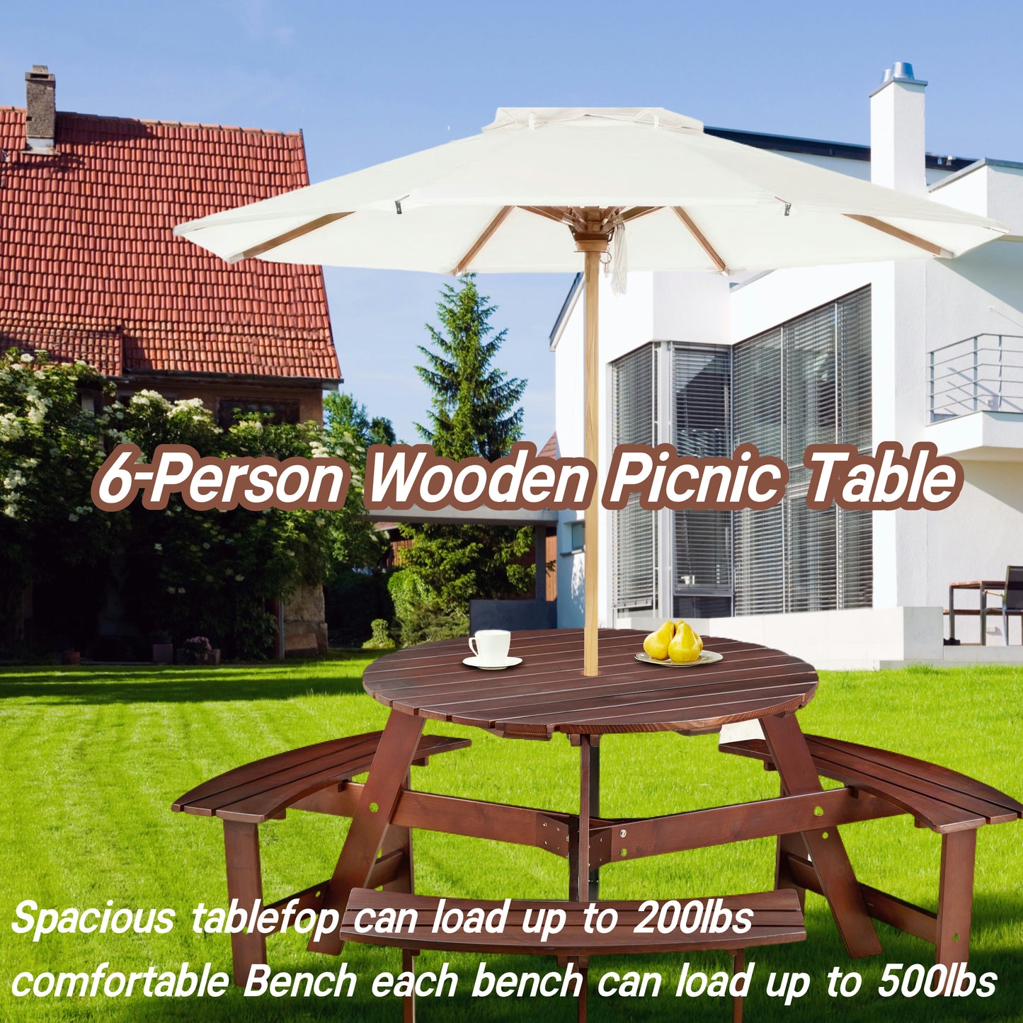 Dark brown person wooden picnic table with benches and an umbrella