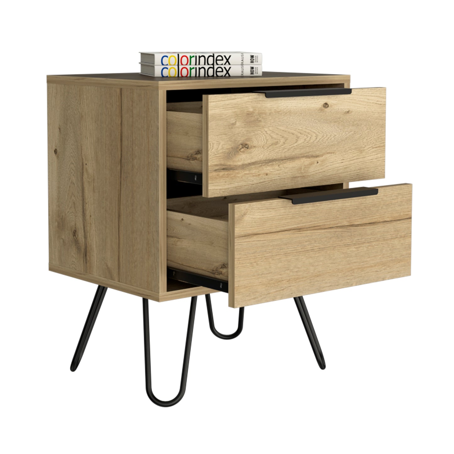 Midcentury modern nightstand with two drawers in light oak finish black handles and hairpin legs