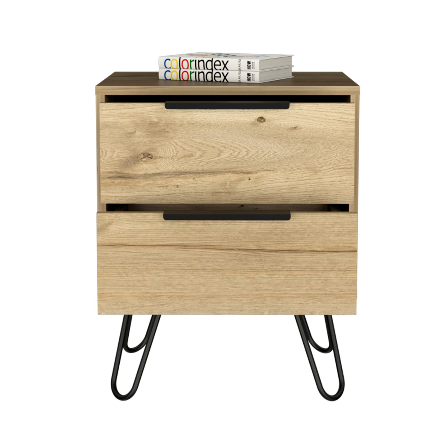 Modern oak veneer nightstand with two drawers and black hairpin legs