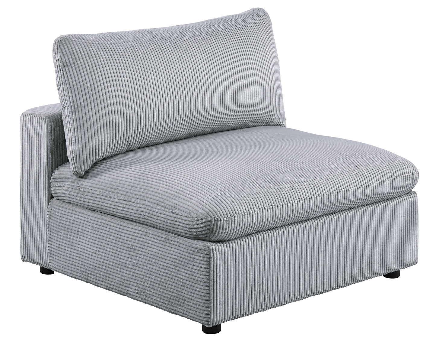 Gray corduroy armless sofa chair with plush cushioning