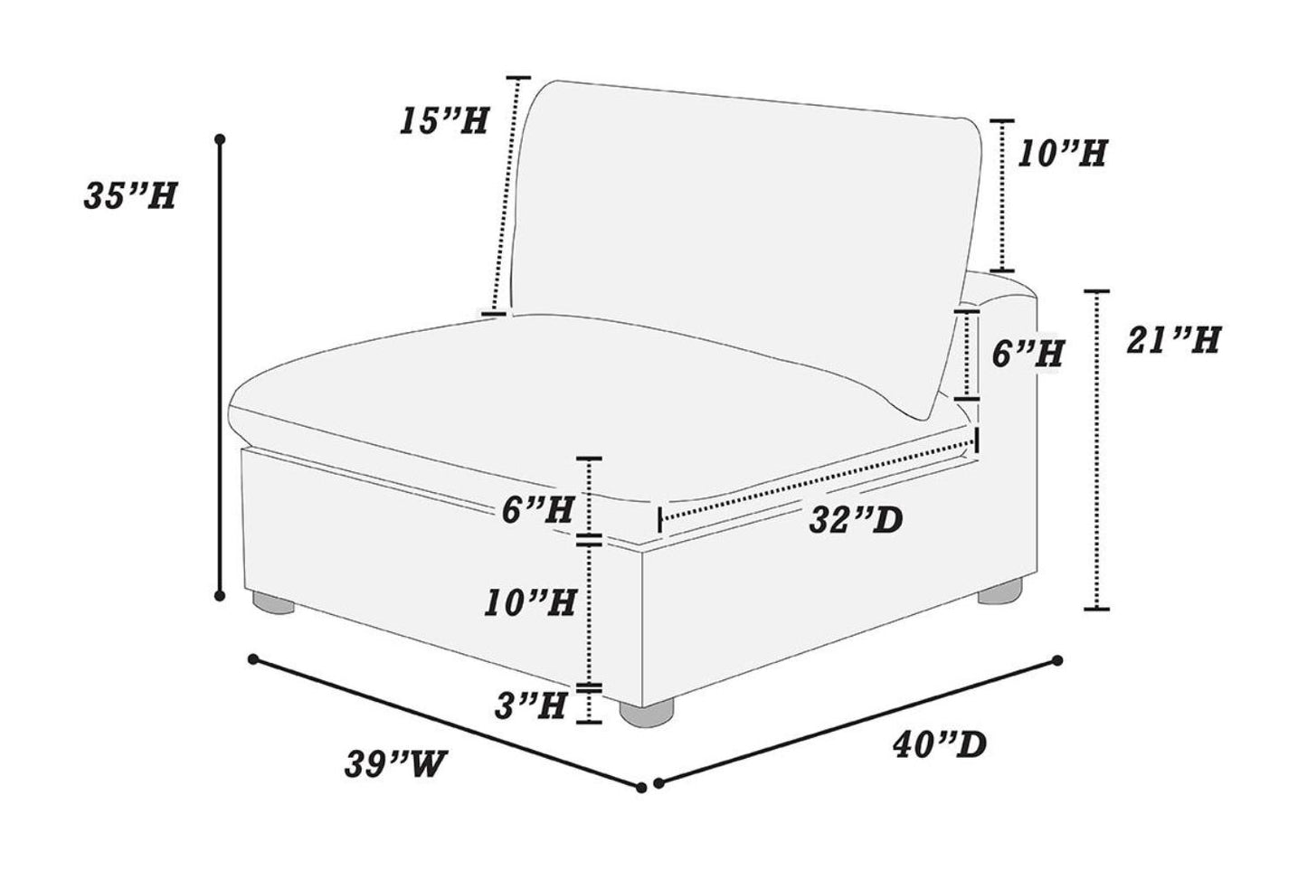 Diagram of armless chair showing dimensions W x D x H