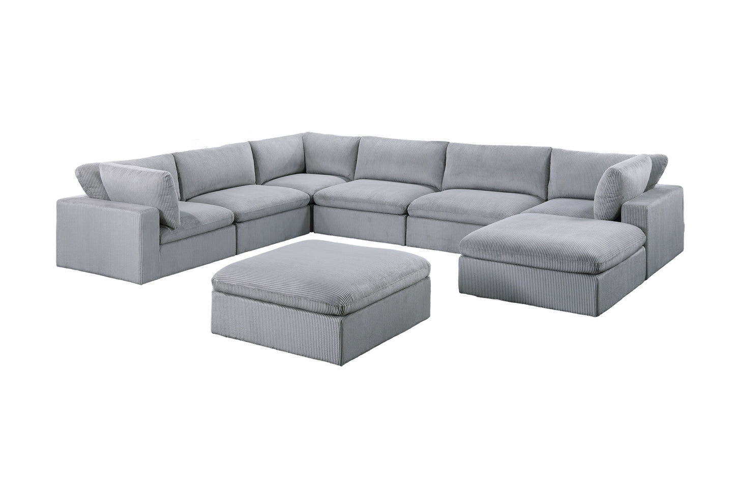 Grey corduroy sectional sofa with chaise and ottoman for living room comfort