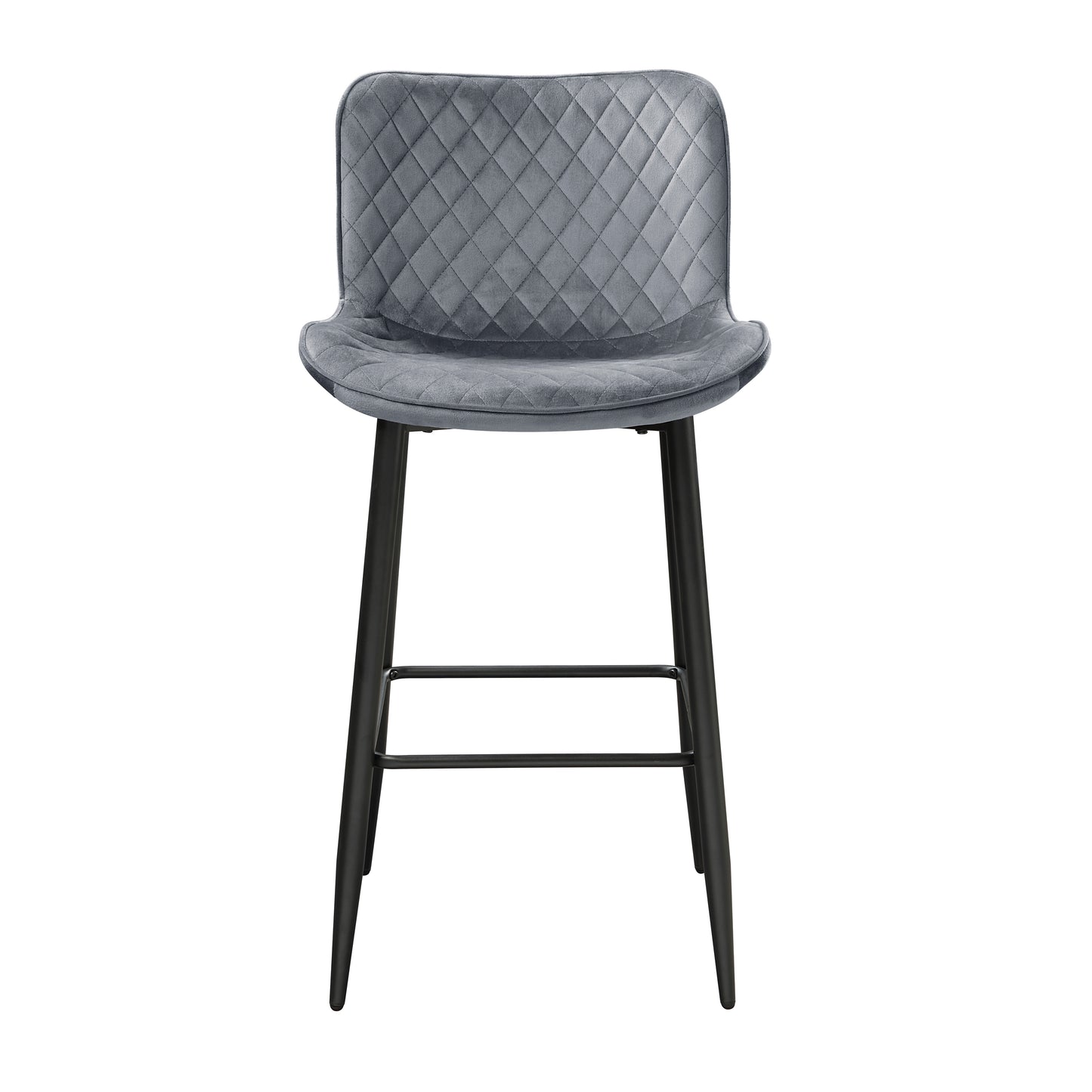 Quilted grey velvet bar stool with black metal legs perfect for modern kitchens