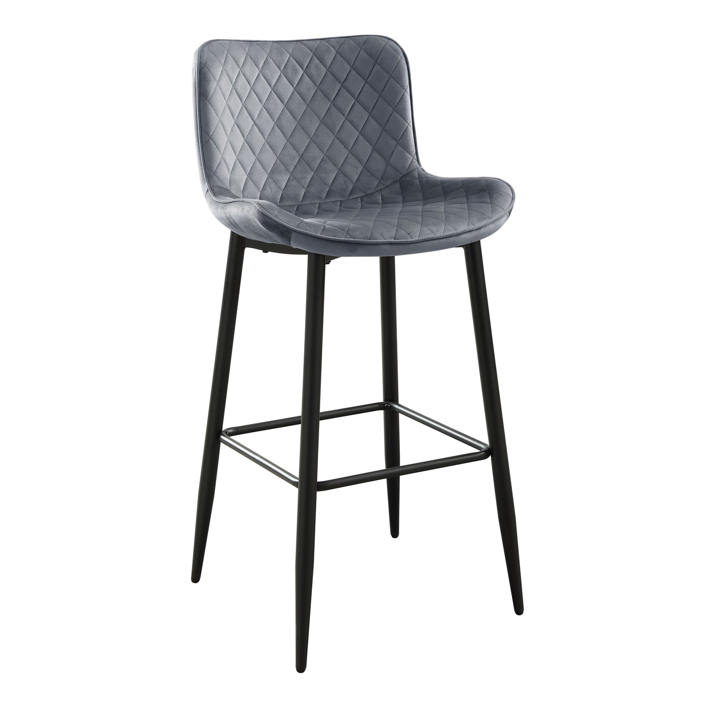 Gray velvet diamondstitched bar stool with black metal legs perfect for modern kitchens