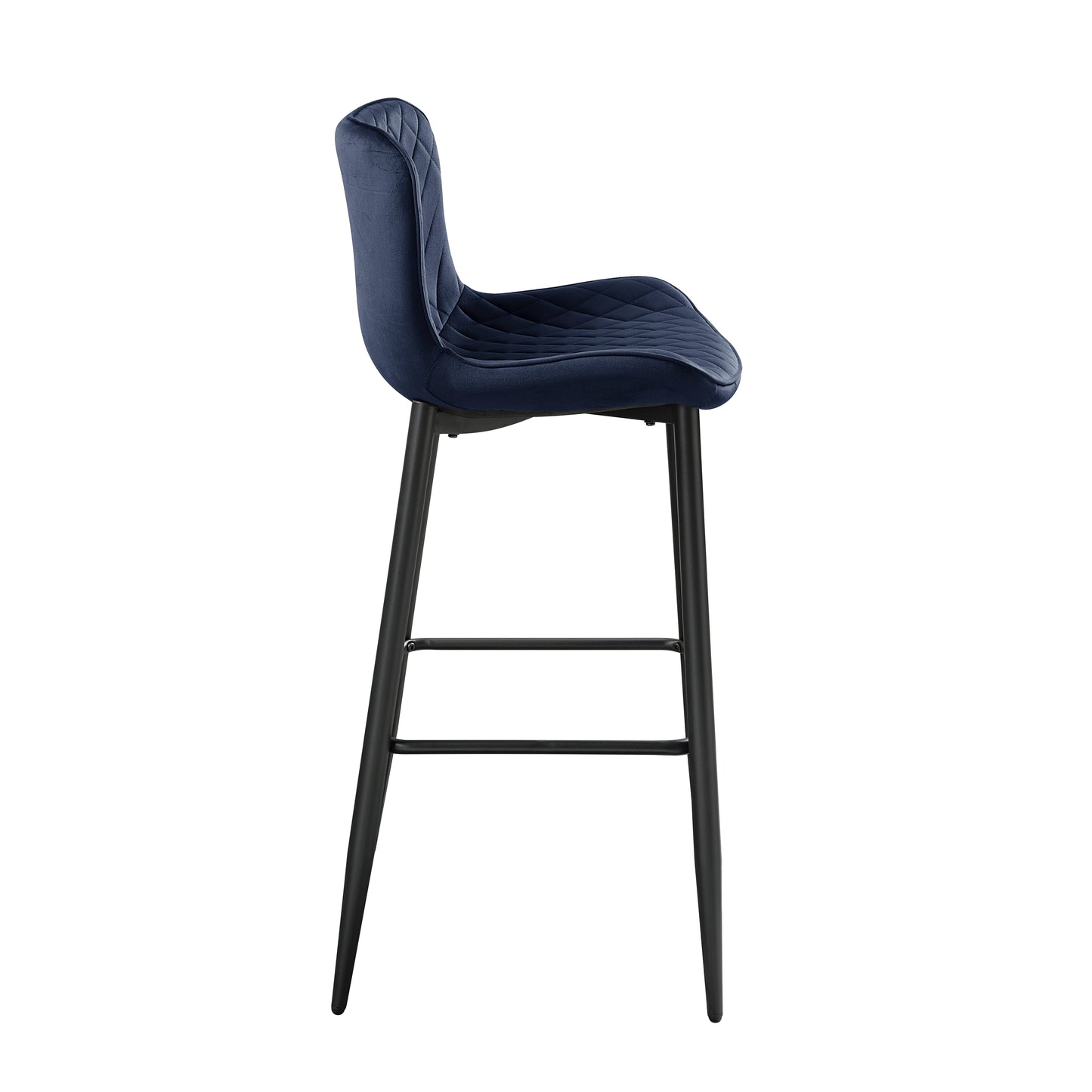 Navy velvet bar stool with diamond tufting and black metal legs