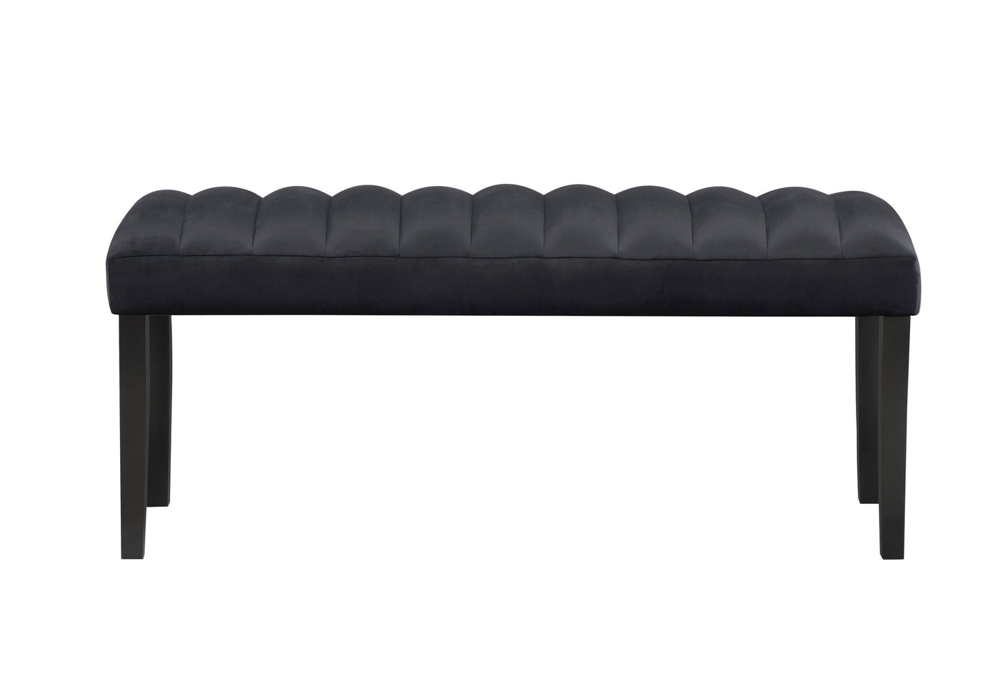 Dark gray velvet bench with channel tufting and dark wood legs