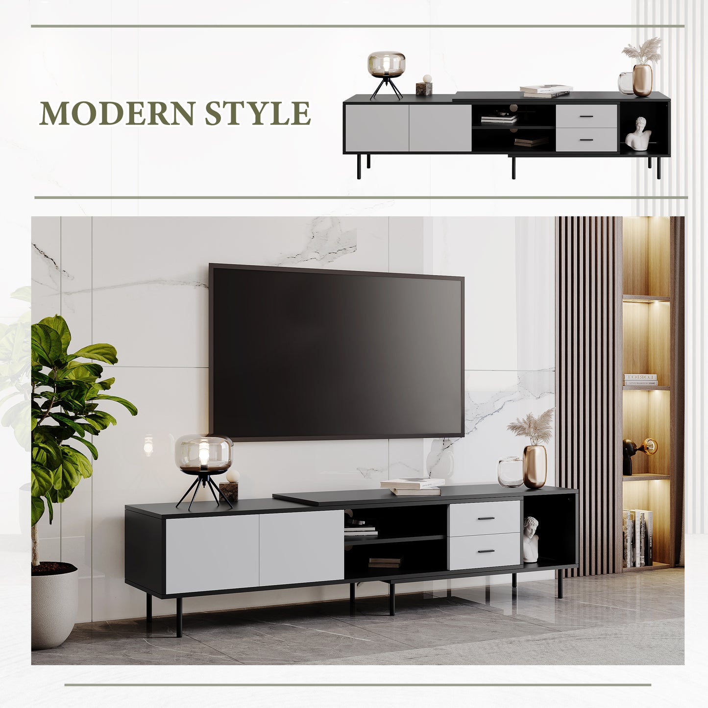Modern black and white TV stand with ample storage for media consoles