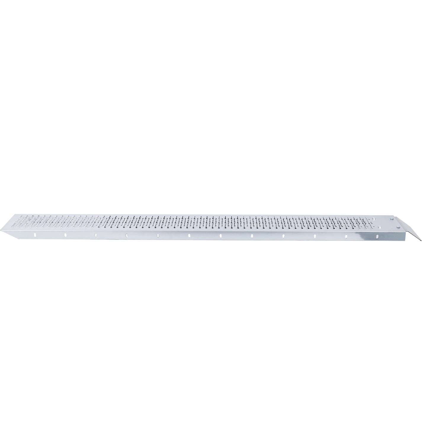 Silver metal stair tread with perforated grip surface and beveled edge
