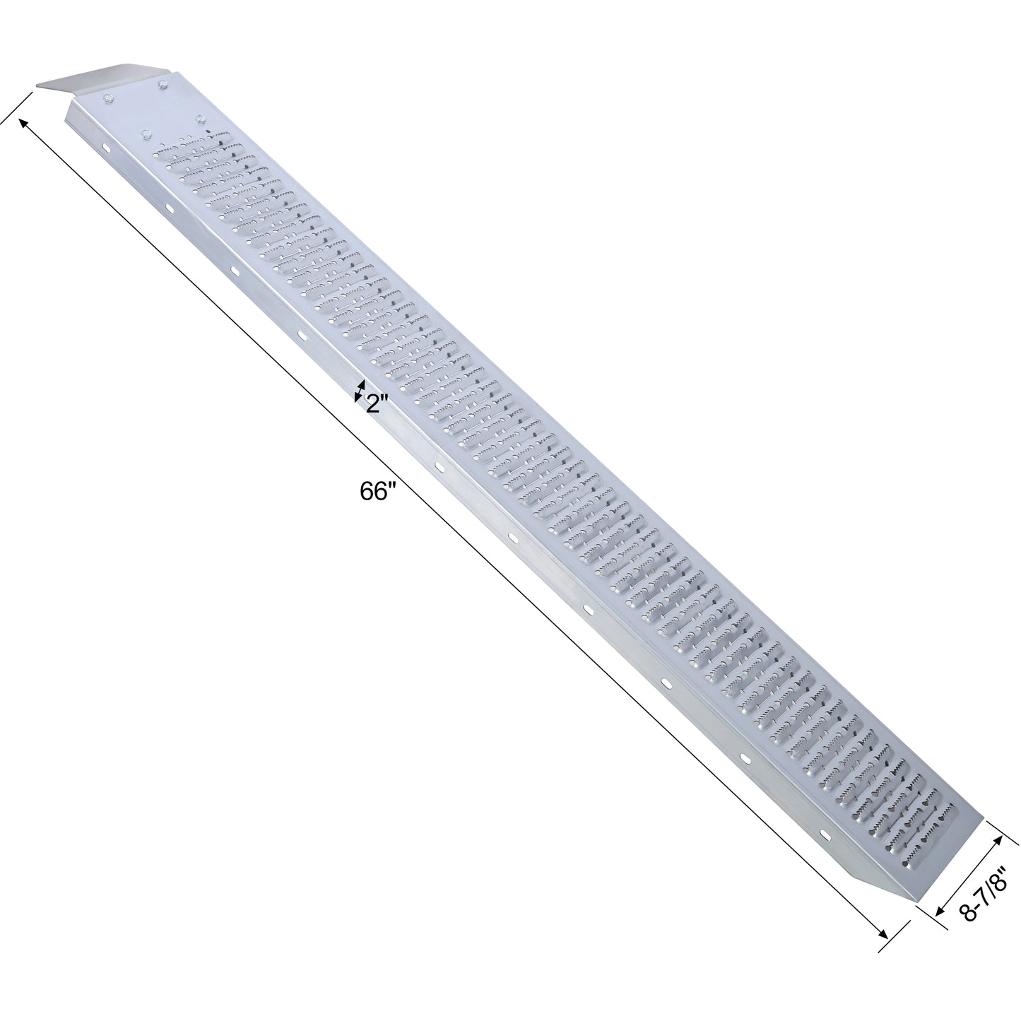 Silver aluminum ramp inches long with textured surface for traction