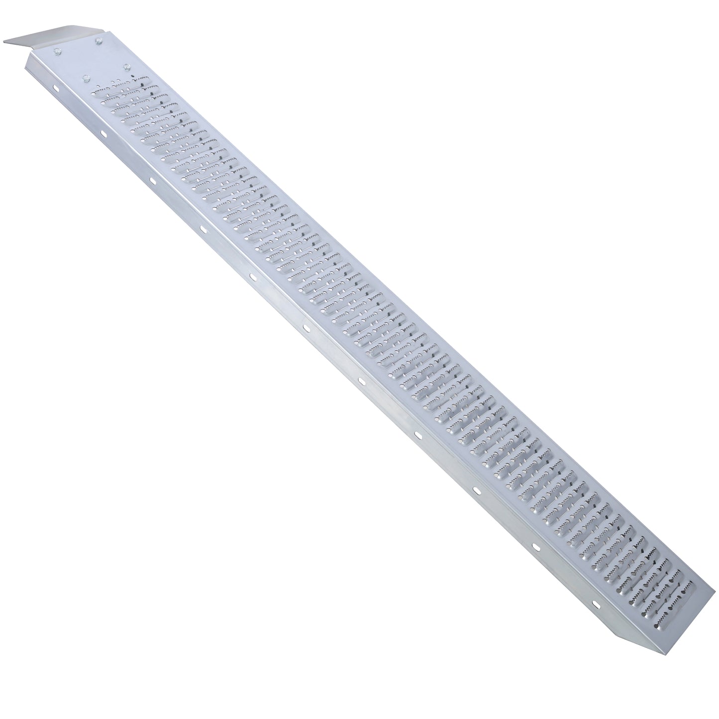 Silver aluminum ramp with raised grip tread for enhanced traction