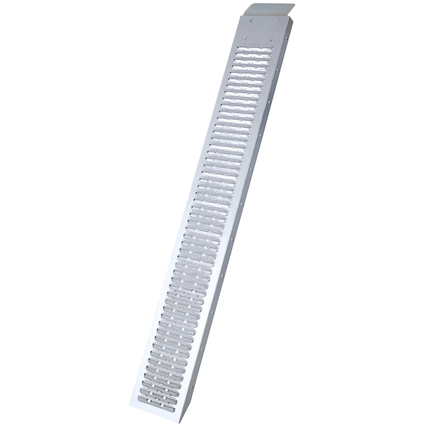 Silver aluminum loading ramp with serrated grip surface for traction ideal for ATVs