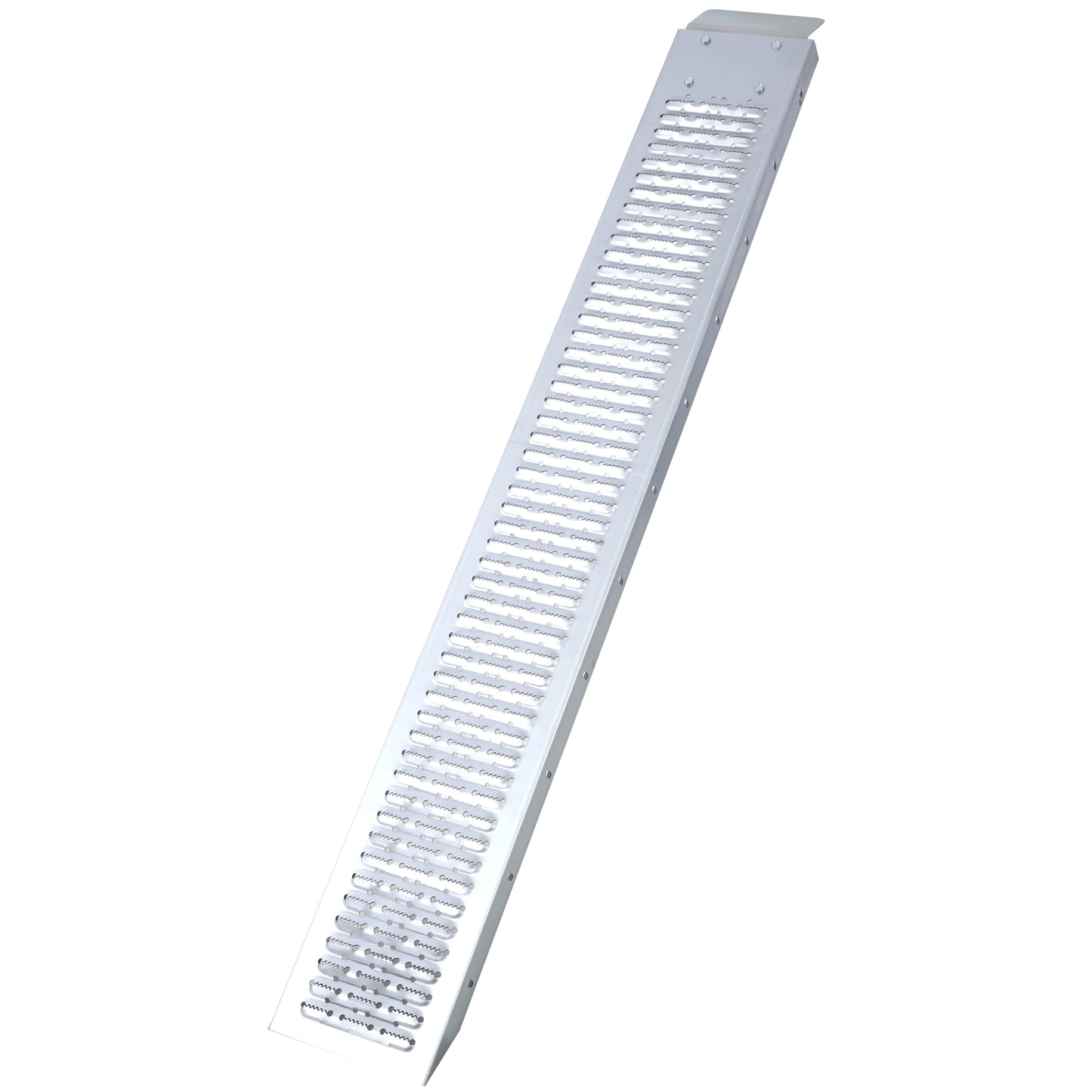 Sleek silver aluminum ramp with serrated edge for enhanced grip and drainage