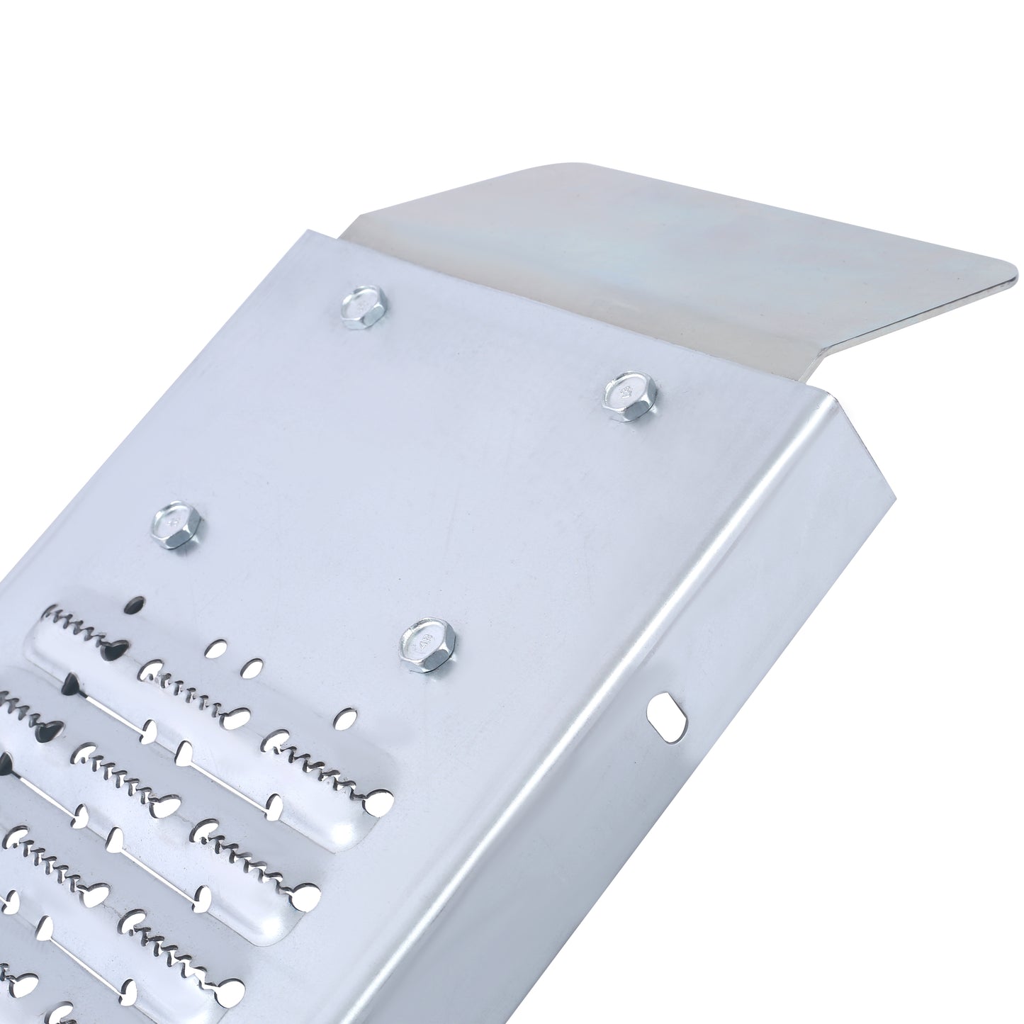 Angled view of a silver metal loading ramp section with serrated grip and bolt assembly