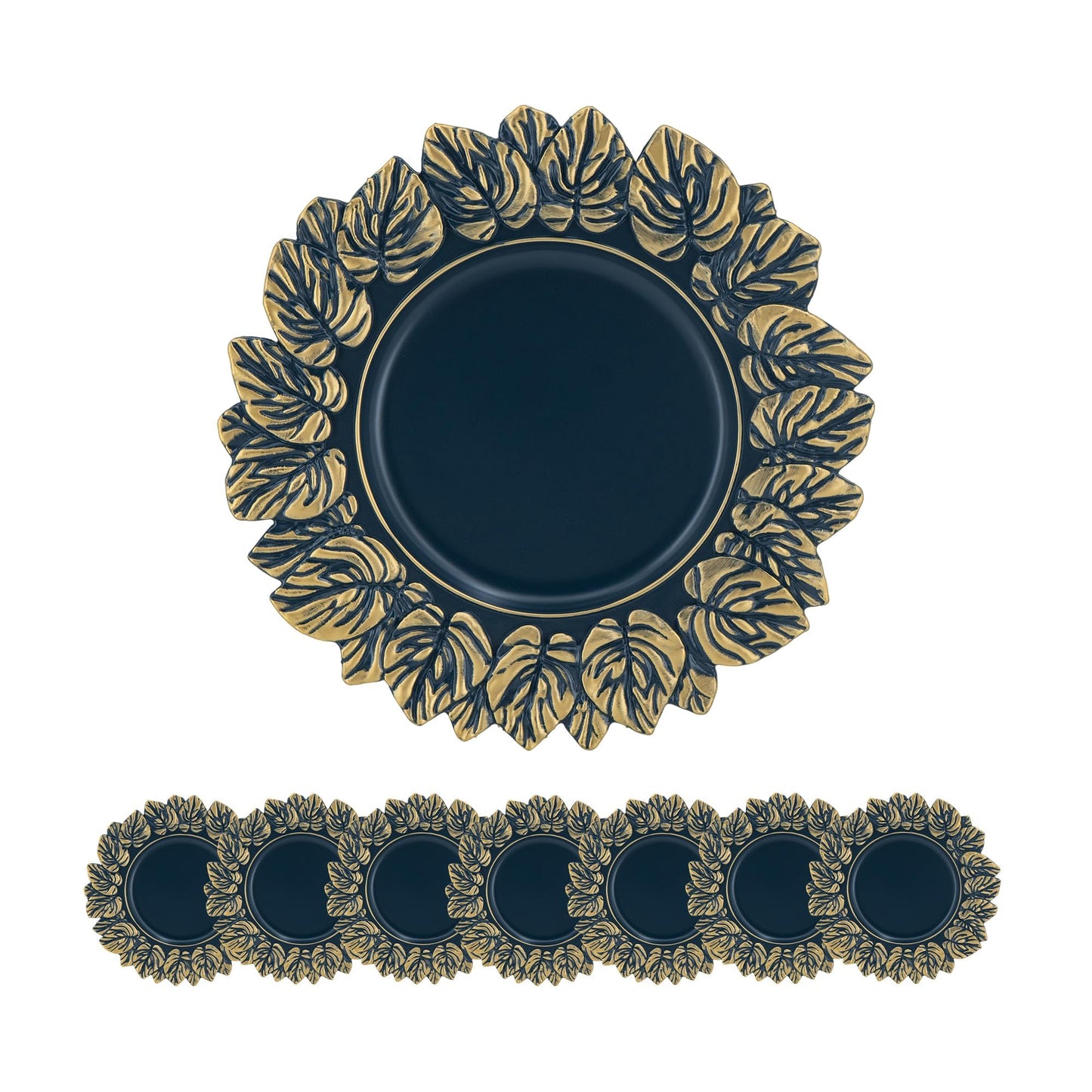 Elegant dark blue charger plate with antique gold leaf design perfect for formal dining