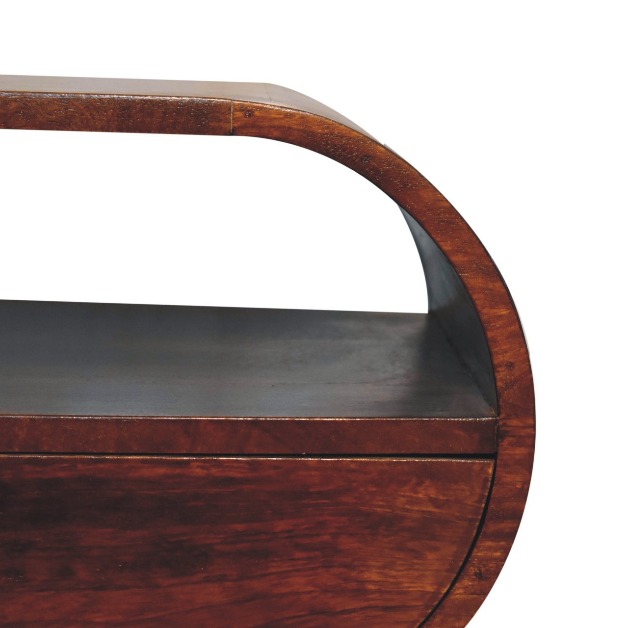 Closeup of curved dark wood bedside table with smooth finish