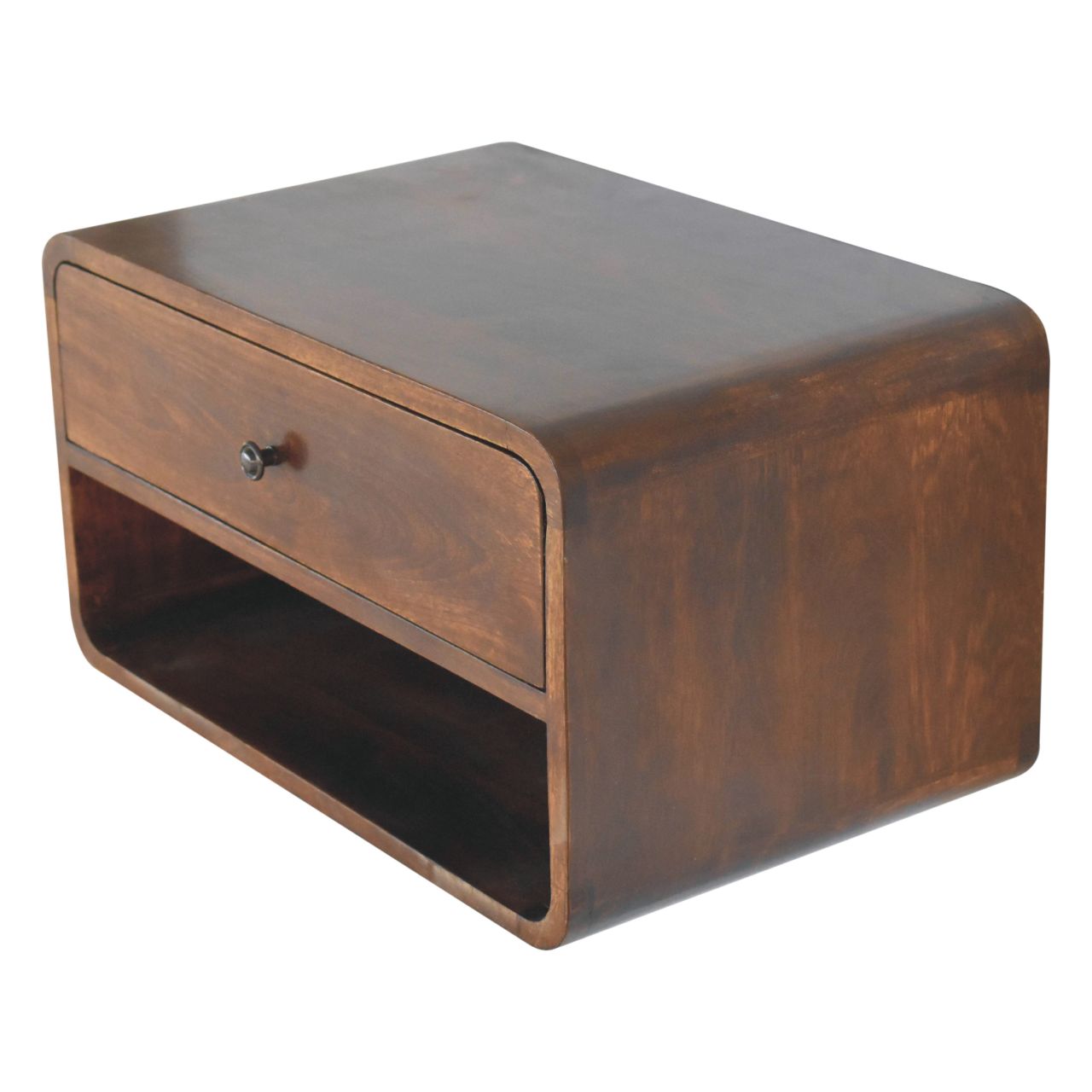 Modern dark wood floating nightstand with rounded edges and one drawer