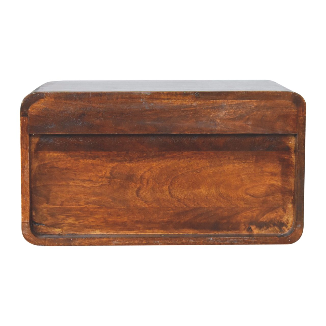 Richly grained mahogany storage chest with rounded corners perfect for rustic decor
