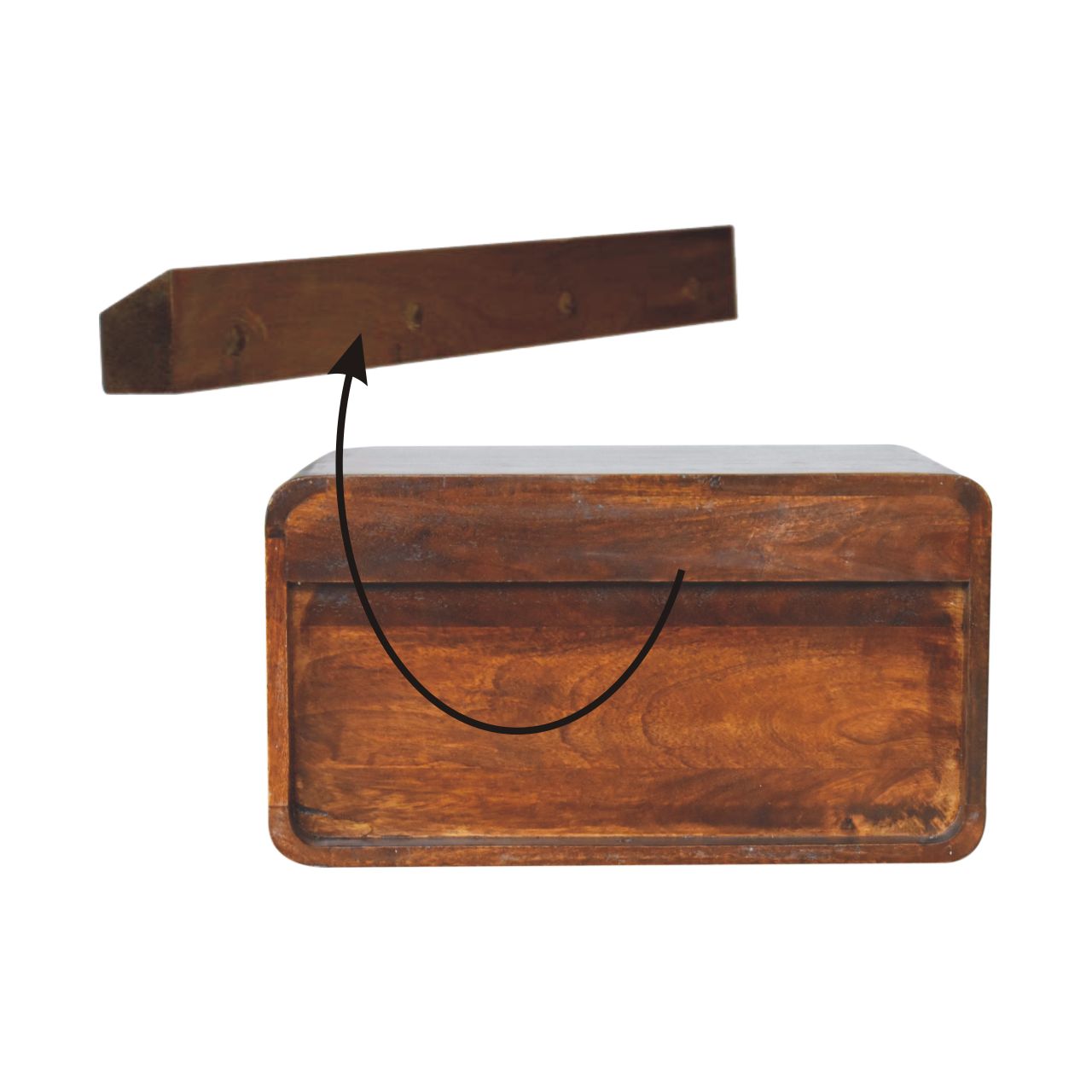Dark wood bedside table with a curved drawer front featuring a separate wooden leg