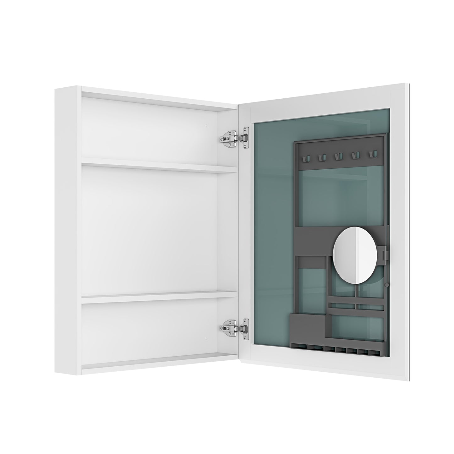 White recessed medicine cabinet with mirrored door and internal shelves for bathroom storage