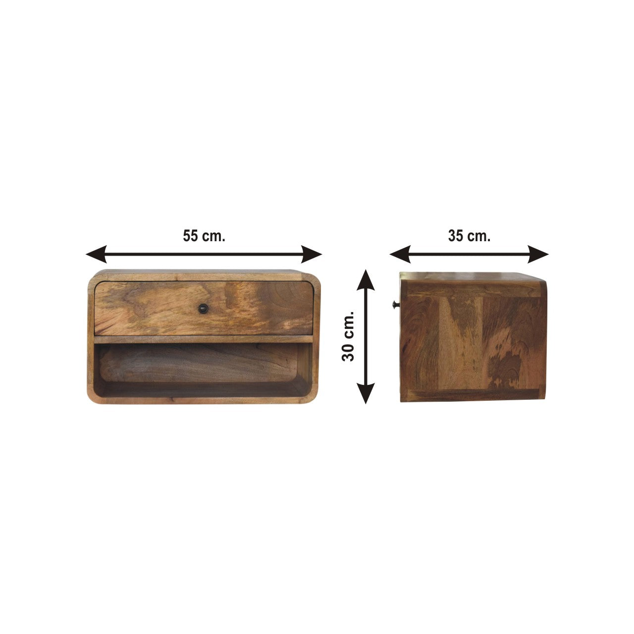 Rustic mango wood floating nightstand with drawer and open shelf cm width