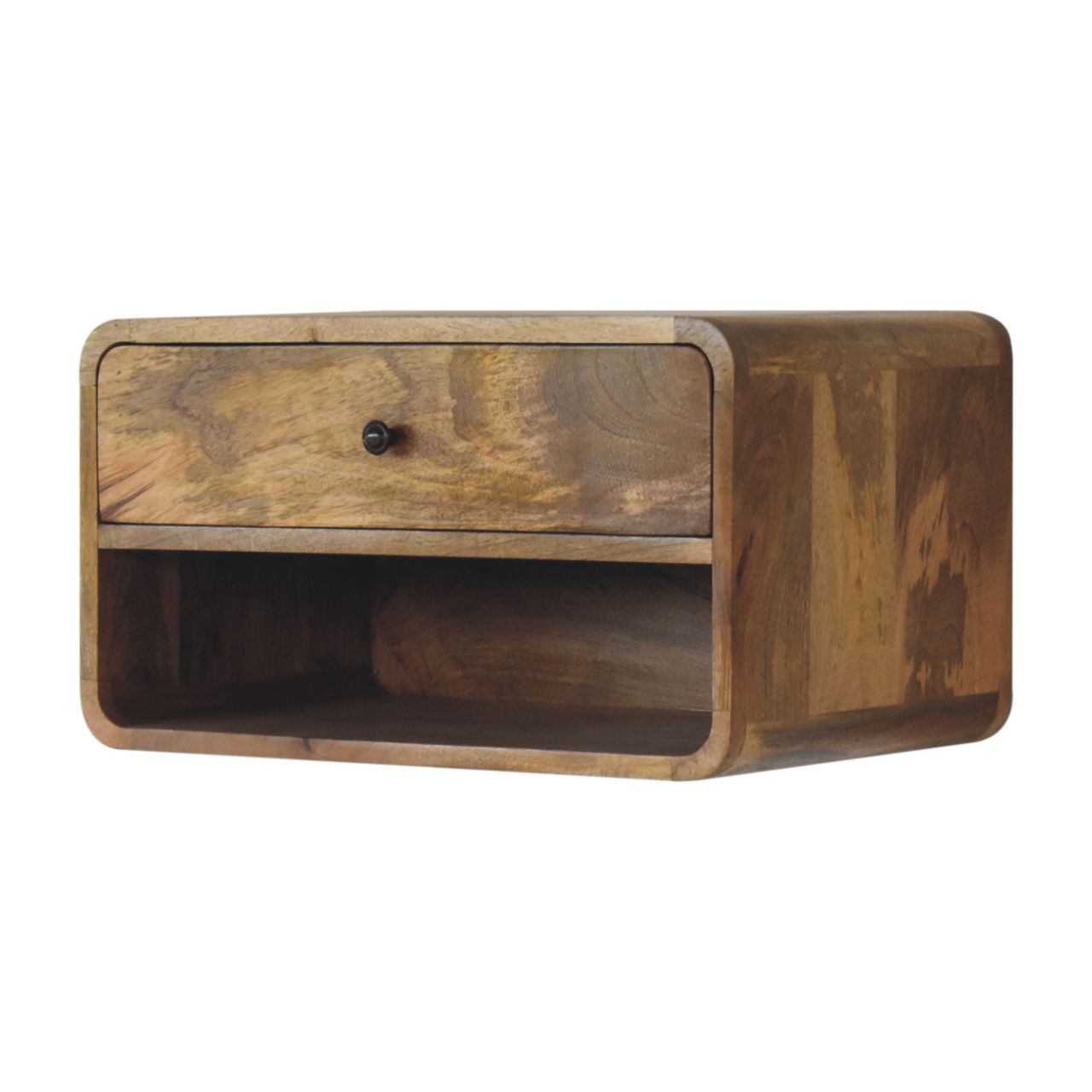 Wooden bedside cabinet with rounded edges and single drawer