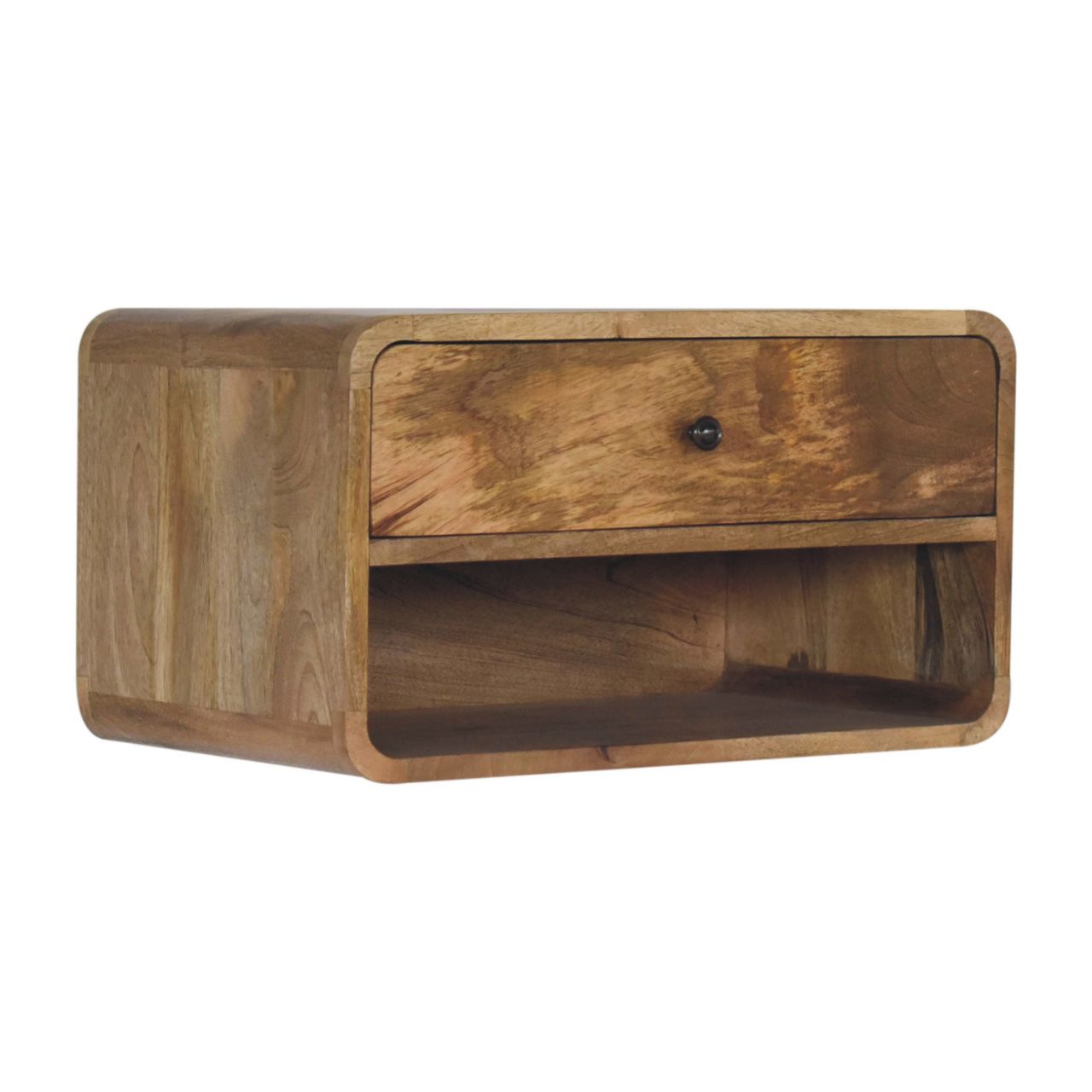 Solid wood floating bedside table with rounded edges and a single drawer