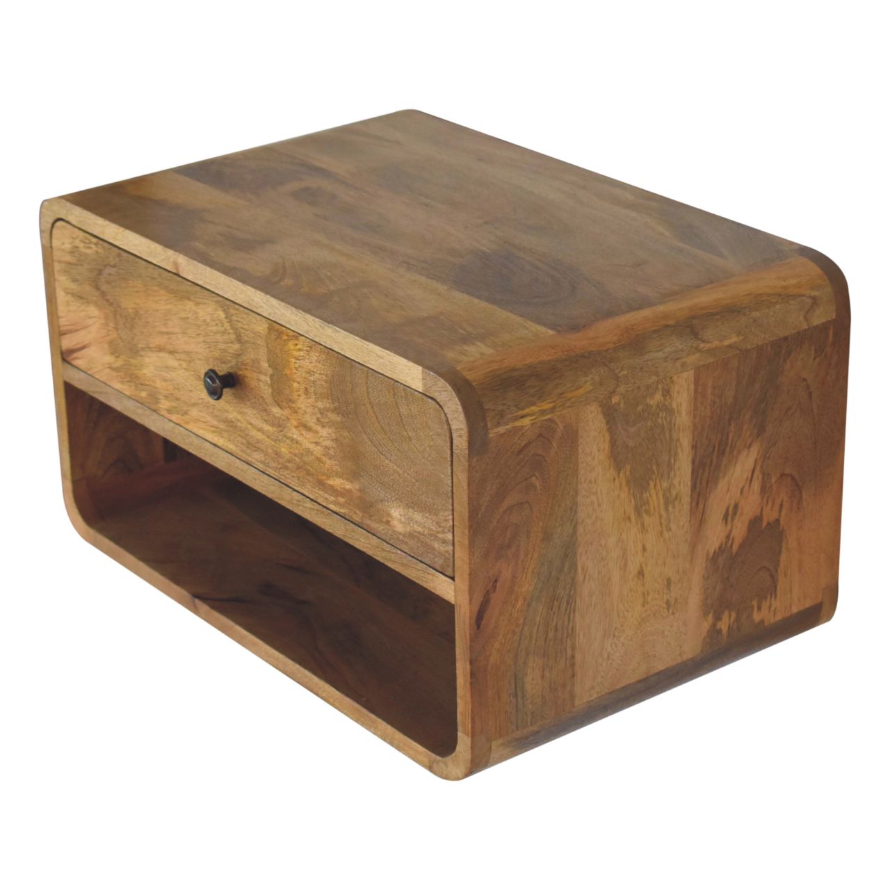 Solid mango wood bedside table with one drawer and open shelf modern organic design
