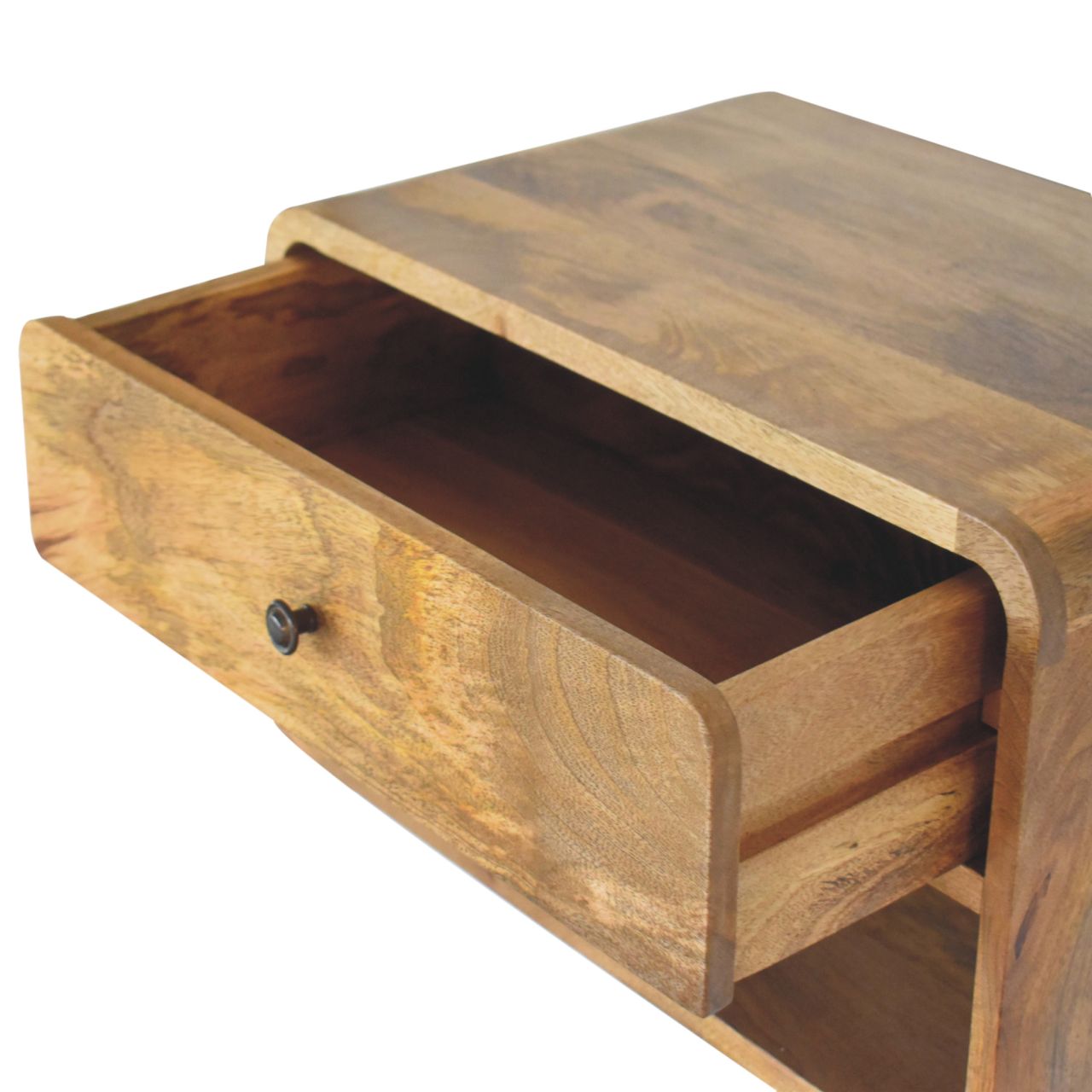 Natural wood bedside table with an open drawer and antique knob