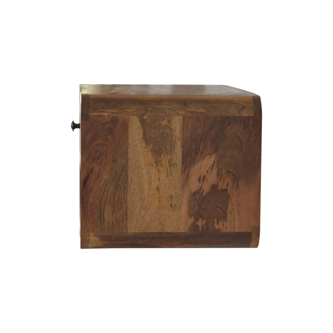 Solid wood bedside table with natural grain and a curved edge for modern appeal