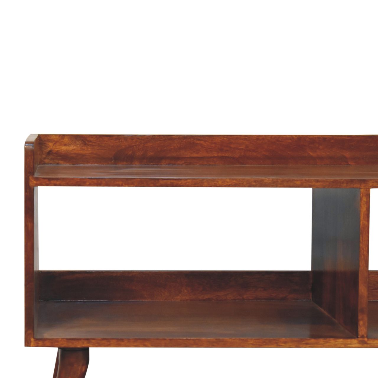 Wooden media console with rich mahogany finish and open shelving