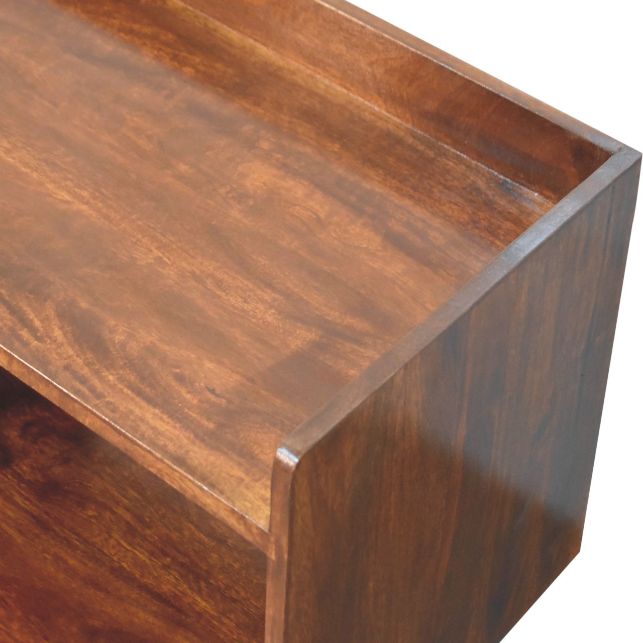 Richly stained wooden bookshelf with two open shelves for display or storage