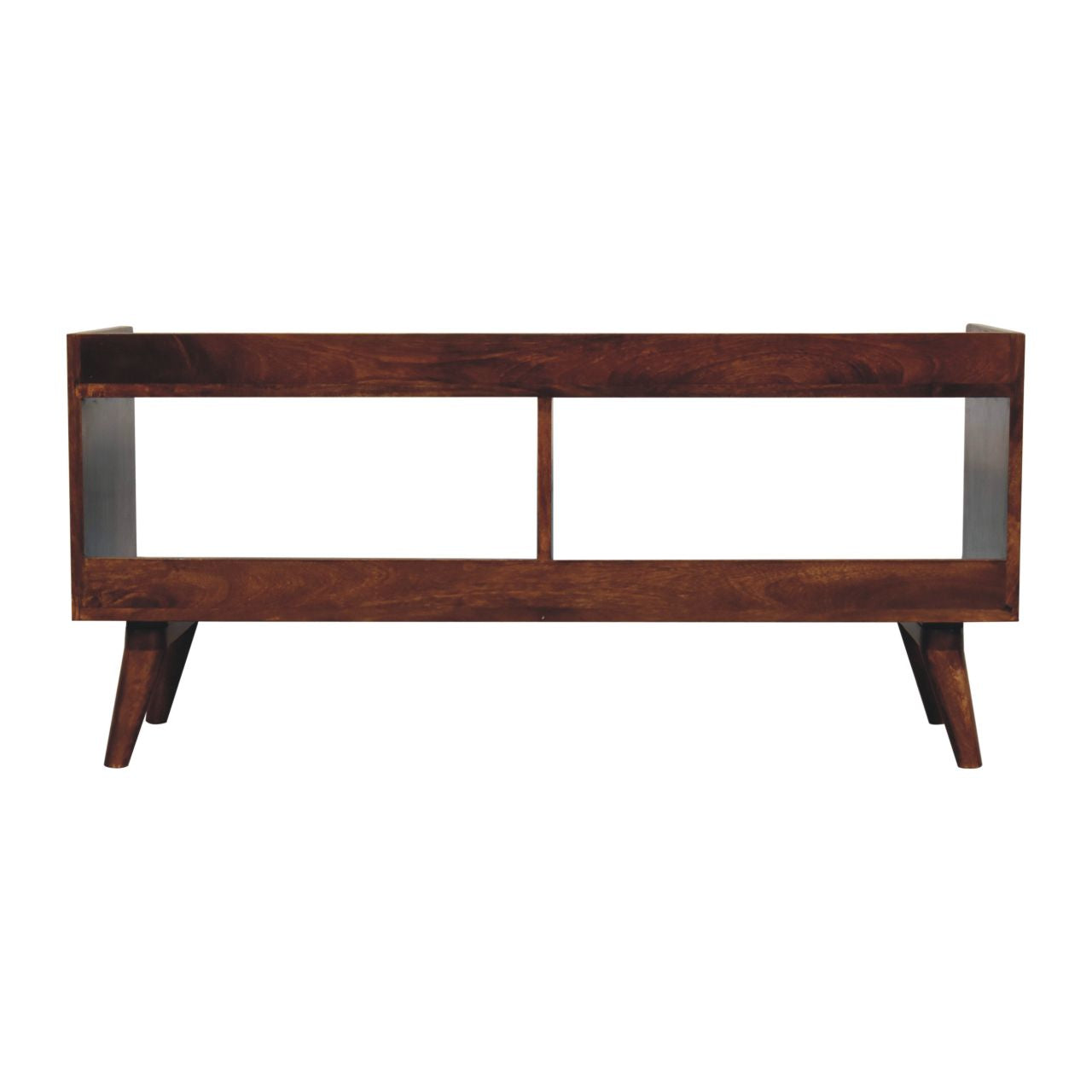 Dark wood midcentury modern bench with open shelving