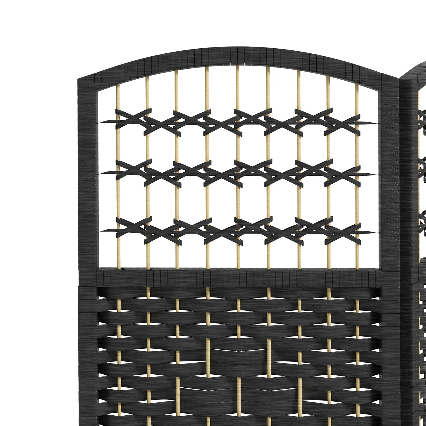 Black woven room divider with arched top and bamboo accents