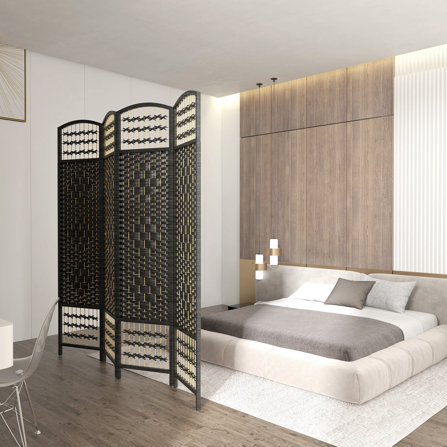 Black woven room divider with gold accents adds privacy and style