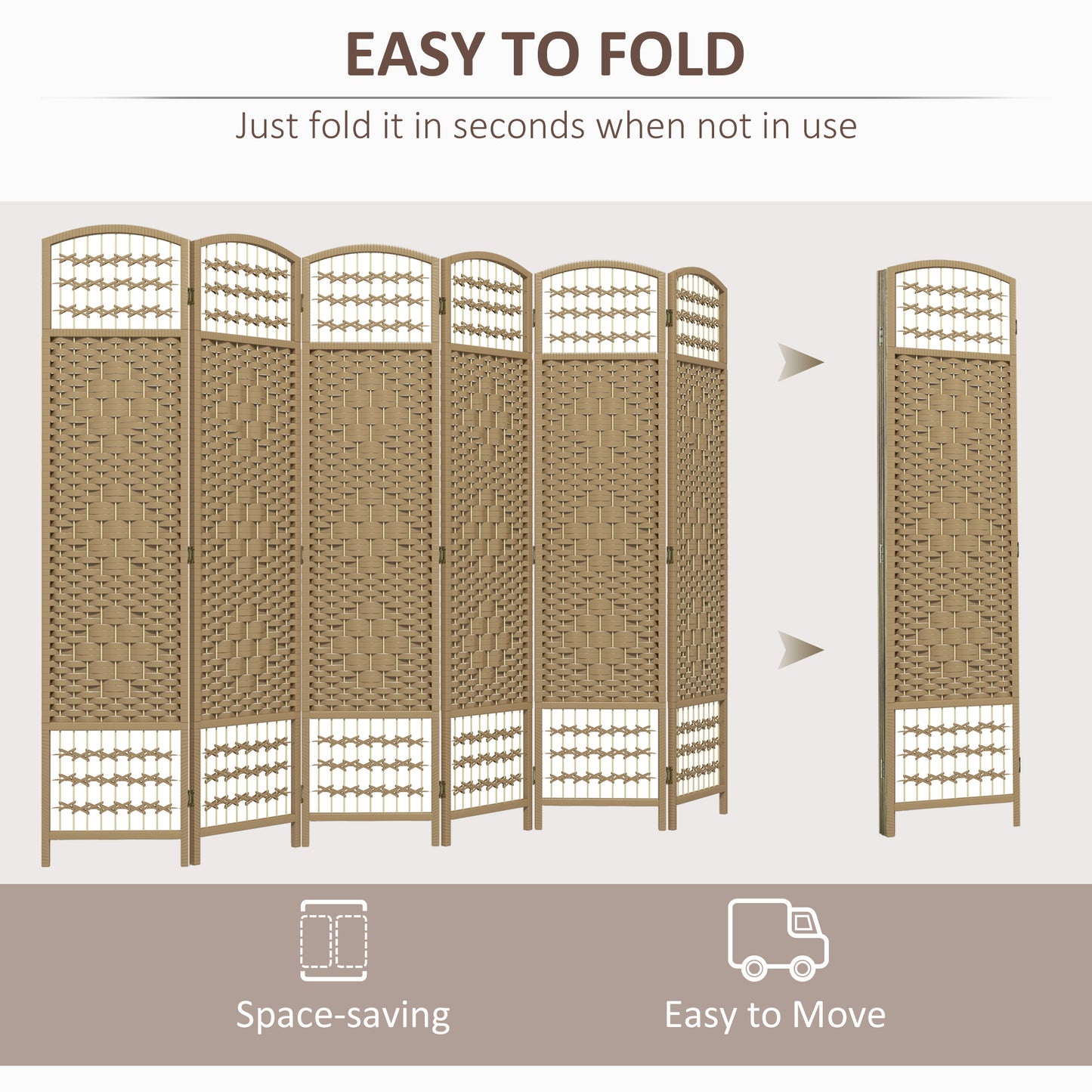Brown woven sixpanel room divider showing folded and unfolded states for a spacesaving solution