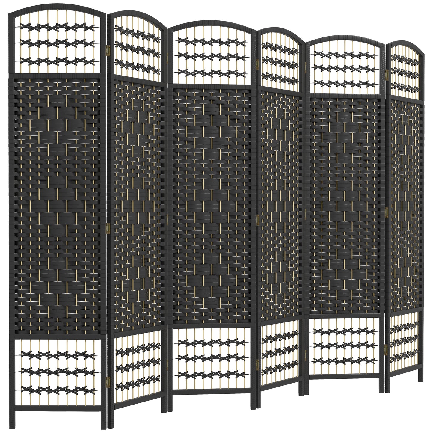 Black wicker room divider with woven panels and decorative accents panel folding screen