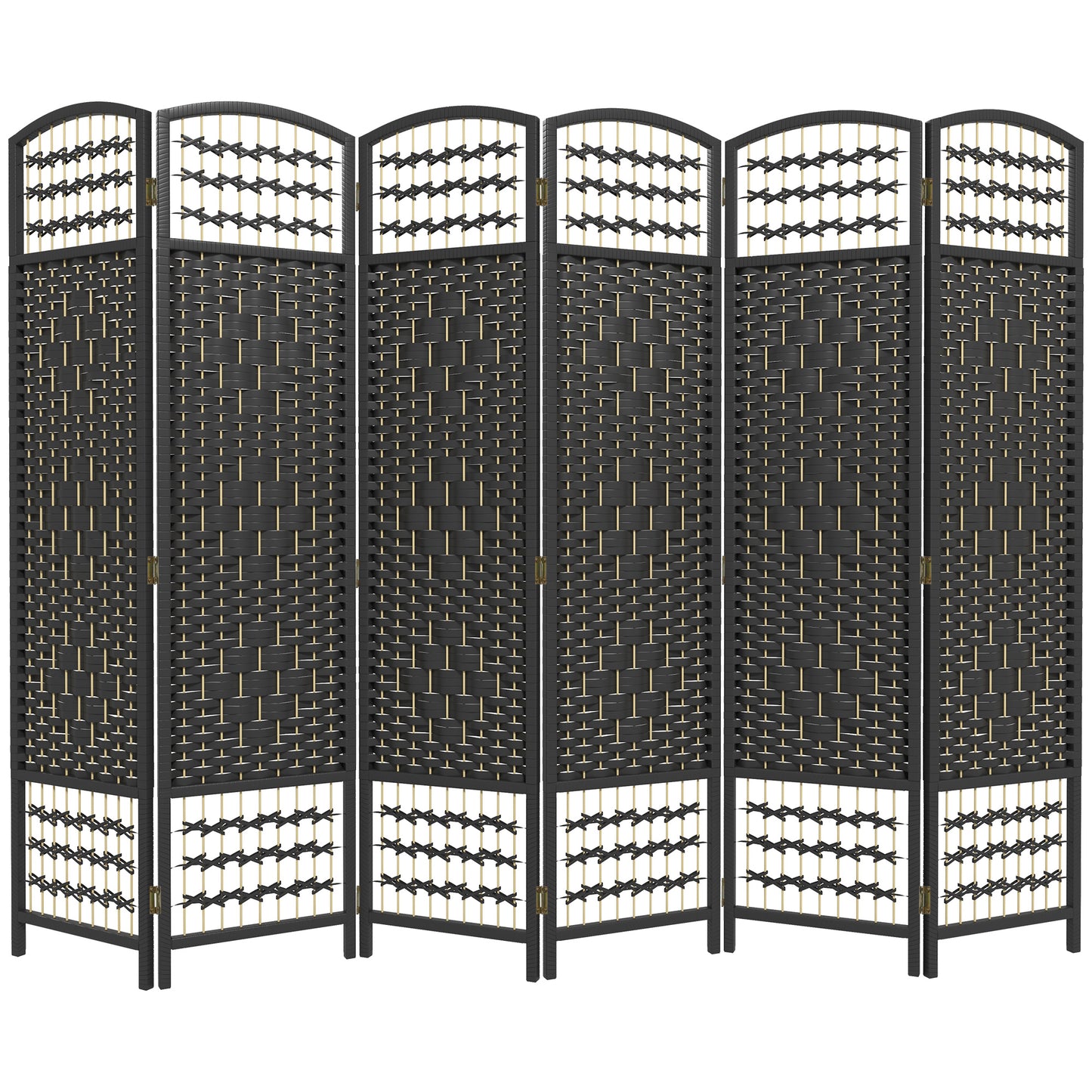 Dark gray sixpanel room divider with woven rattan and decorative accents