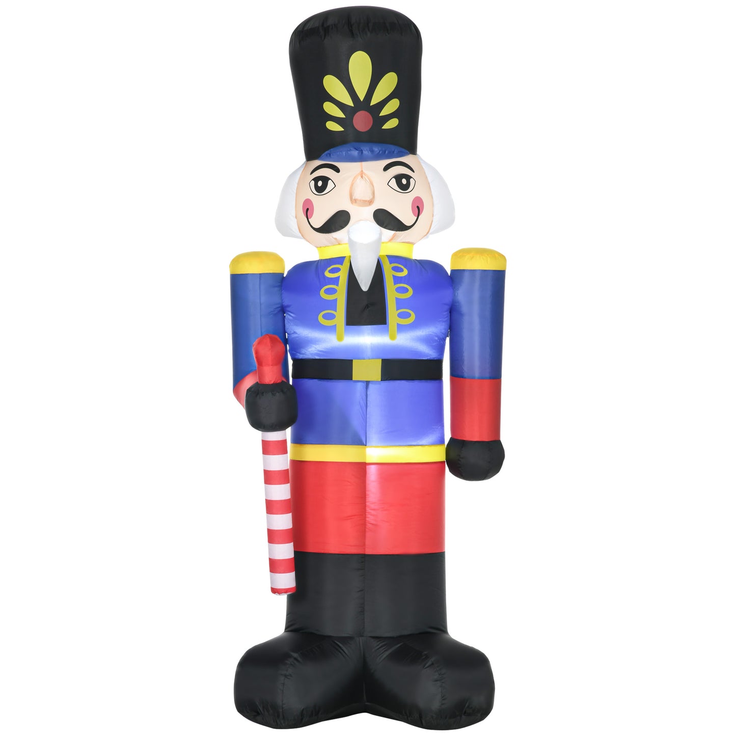 Inflatable nutcracker holding a candy cane with blue jacket and red pants