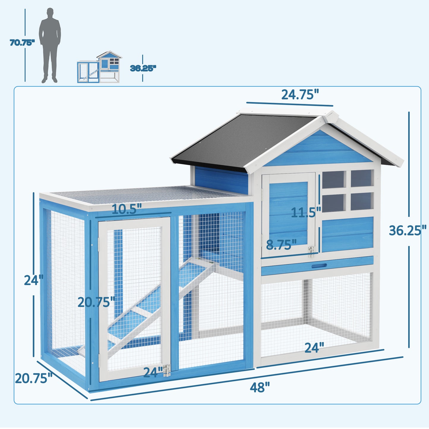 Blue and white outdoor chicken coop with enclosed run and ramp