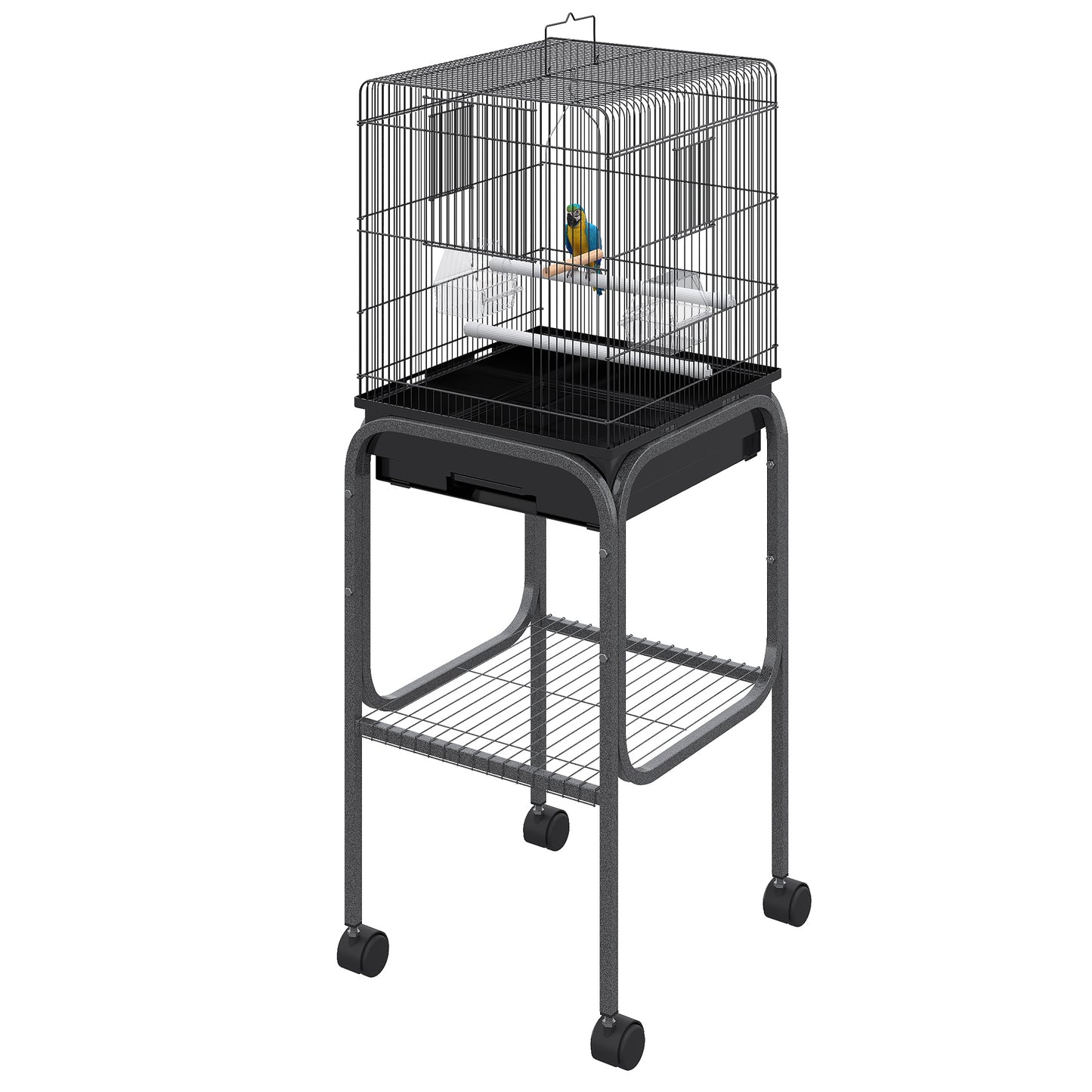 Black metal bird cage with stand and blue and yellow macaw