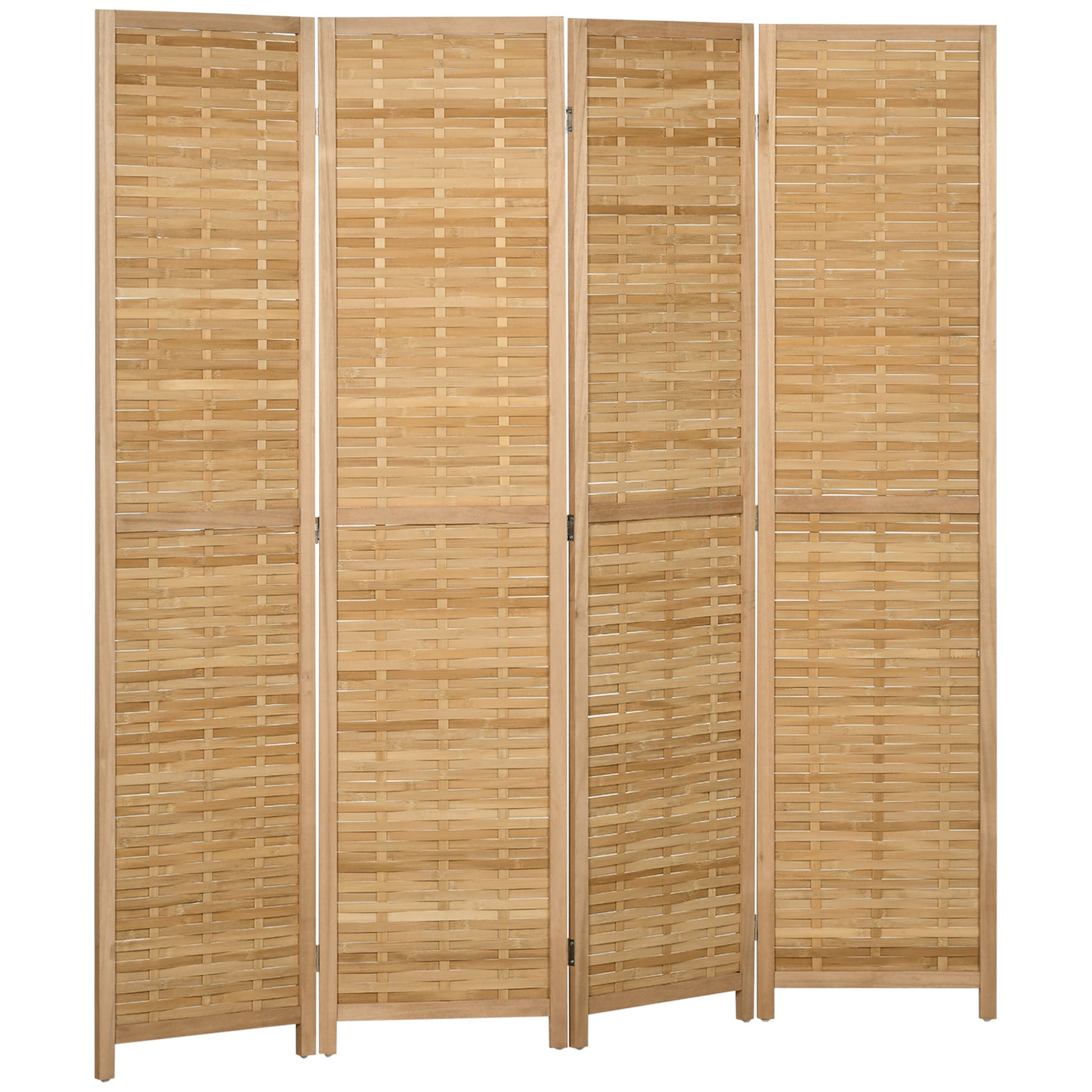Natural wood panel folding screen with woven bamboo inserts