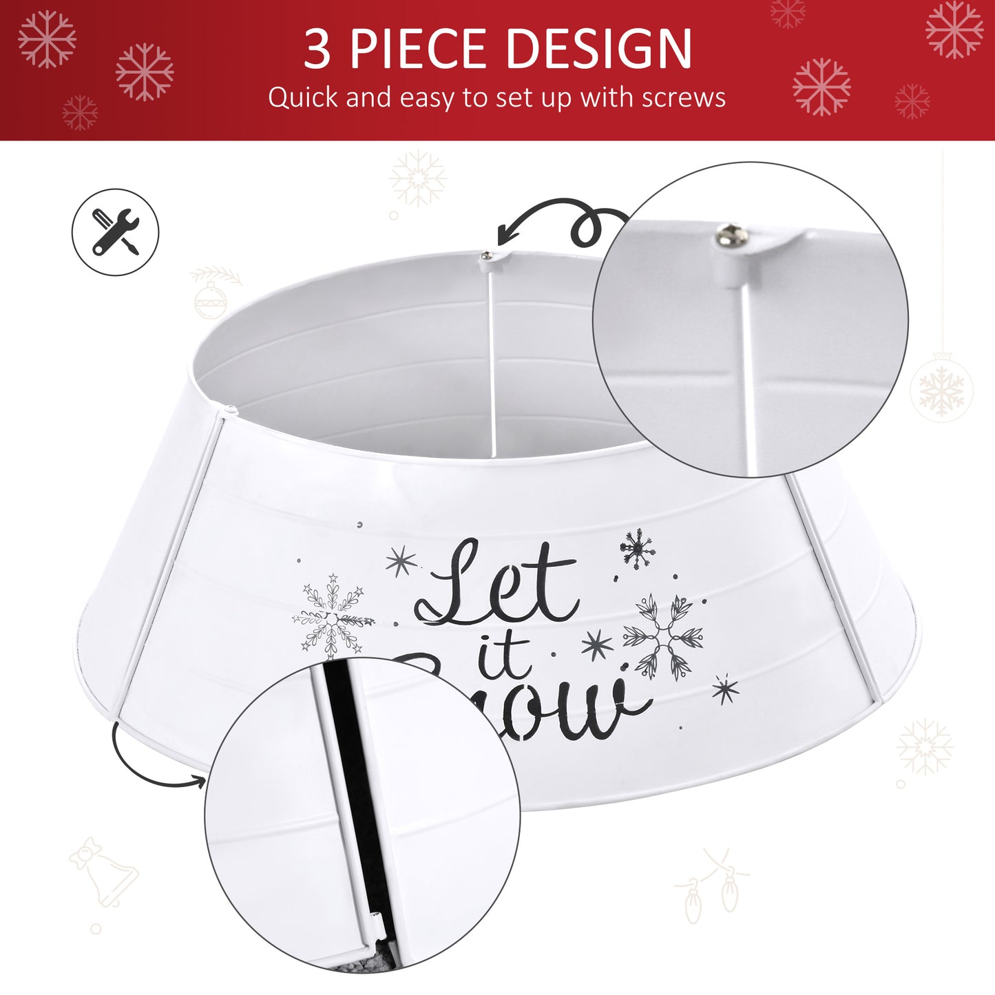 White metal tree collar with Let it Snow text and snowflakes